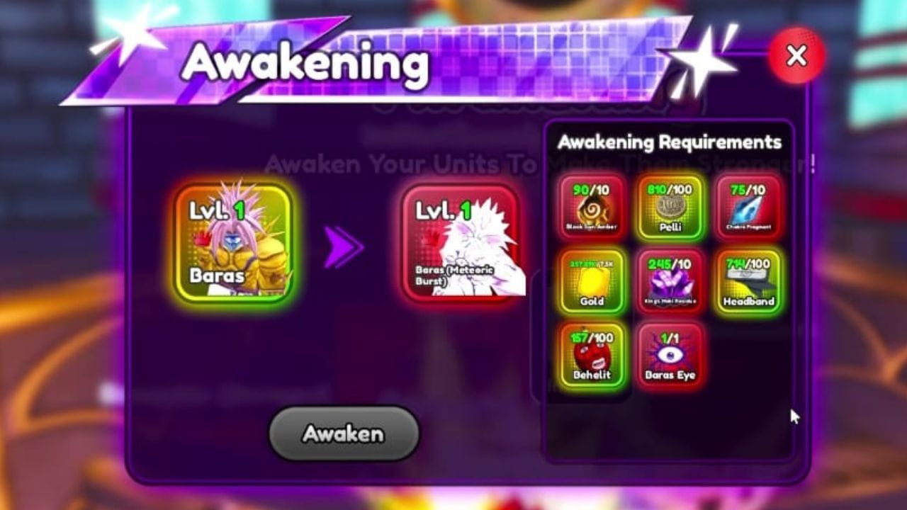 Todos os itens necessários para despertar Baras (imagem via Roblox)