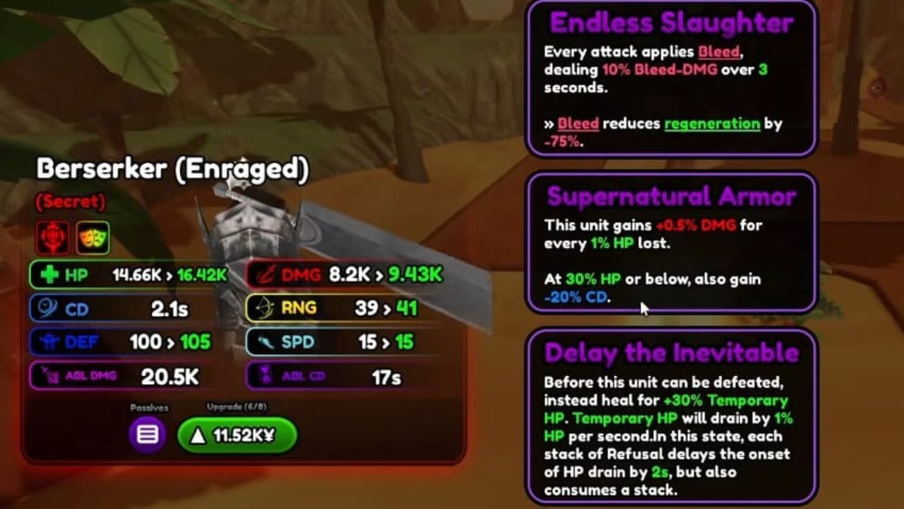Todas as passivas de Berserker (Enraged) no Anime Squadron (Imagem via Roblox)