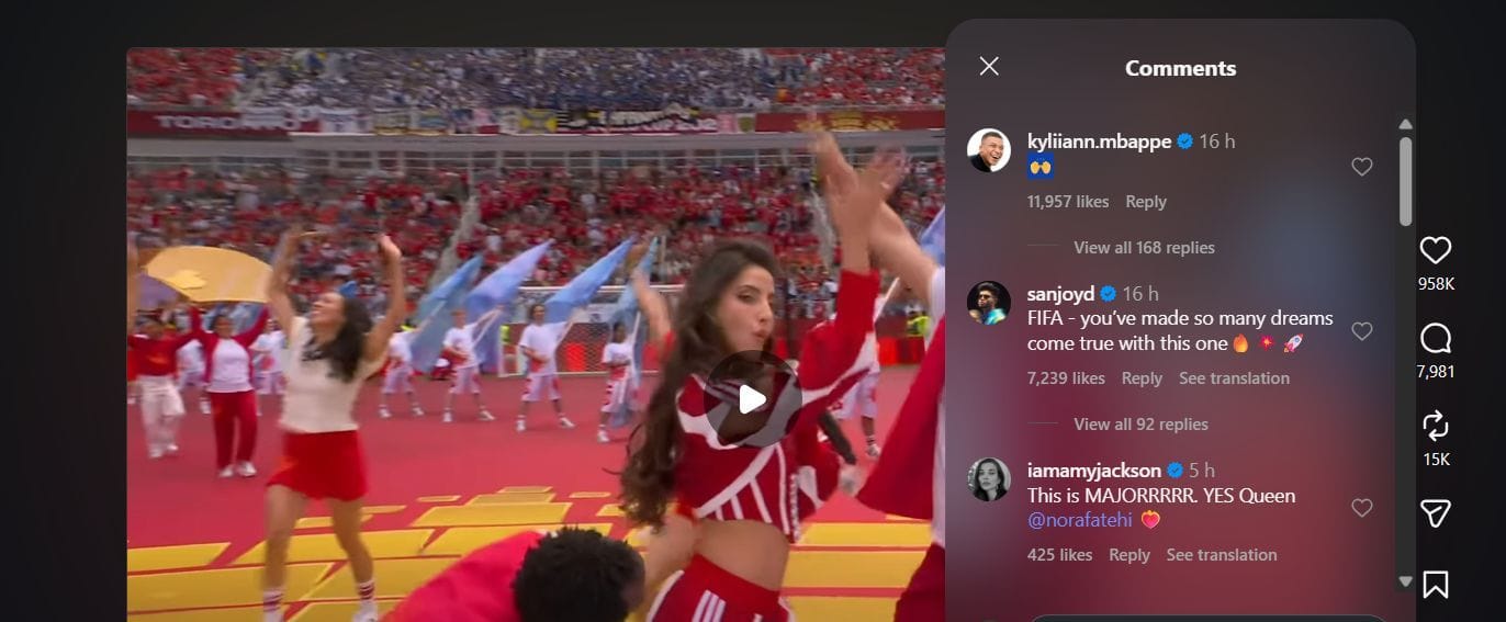Nora Fatehi apresentando Siir Siir em Toronto na sexta-feira (à esquerda) e Kylian Mbappe (FIFA World Cup IG)