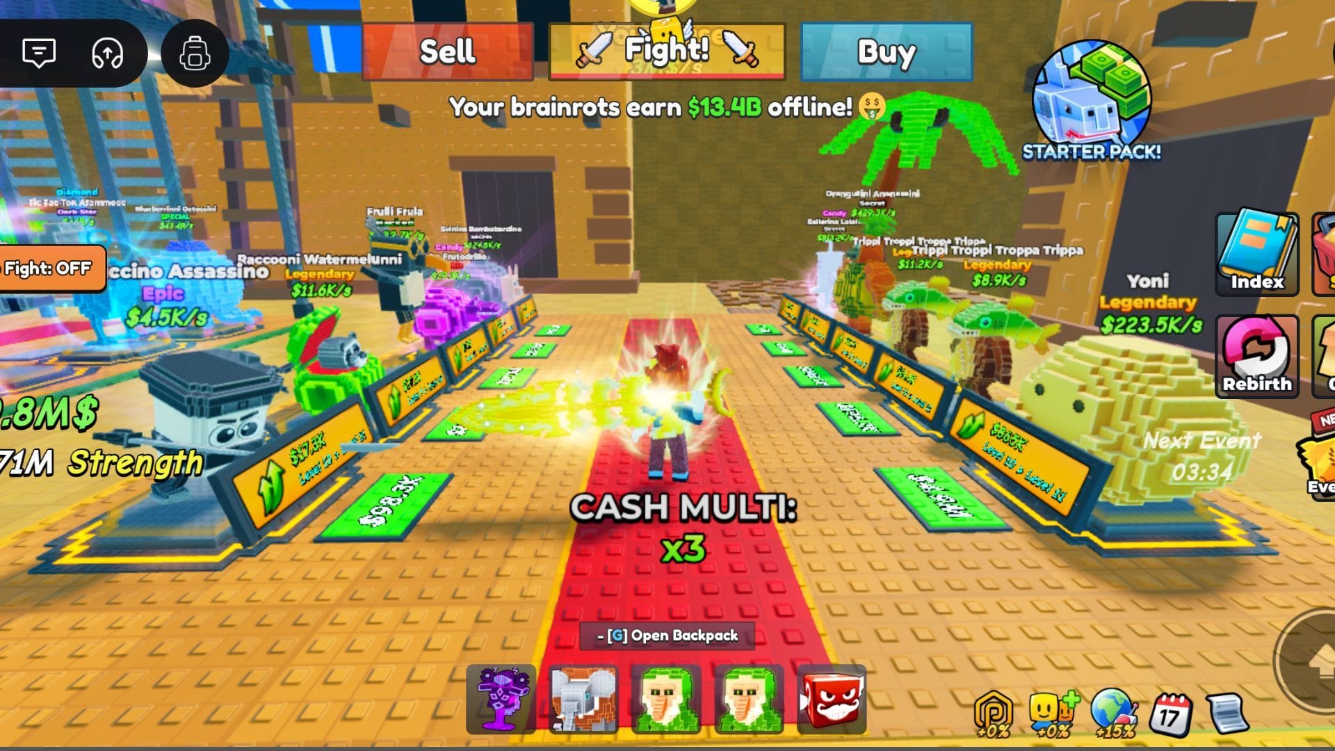 Vários Brainrots bons colocados em uma base (Imagem via Roblox)