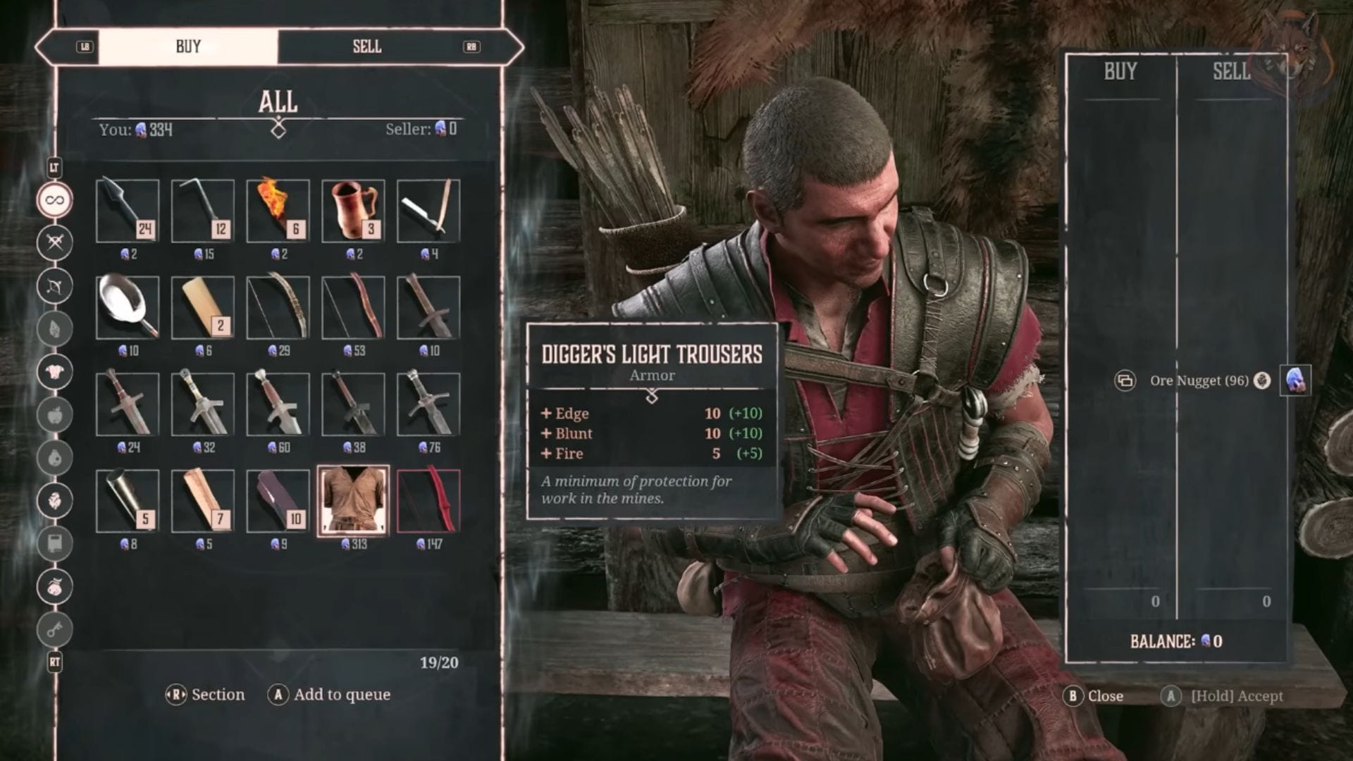 Você pode comprar calças leves do Digger na Fisk (imagem via THQ Nordic || YouTube/@LunarGaming)
