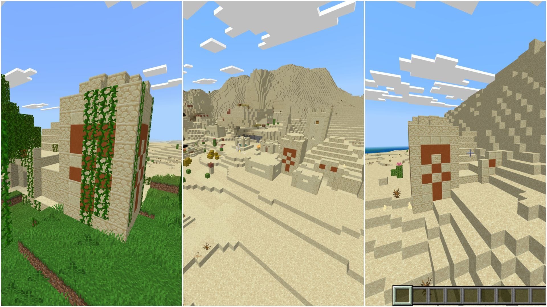 Three Desert Temples near spawn (Image via Mojang Studios || Sportskeeda)