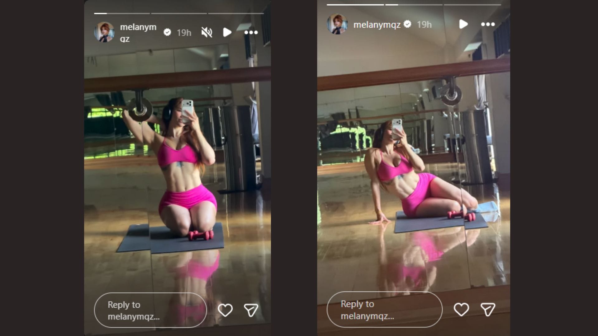 A esposa de Adrian Morejon, Melany, compartilha uma selfie no espelho no IG com um sutiã esportivo neon e shorts