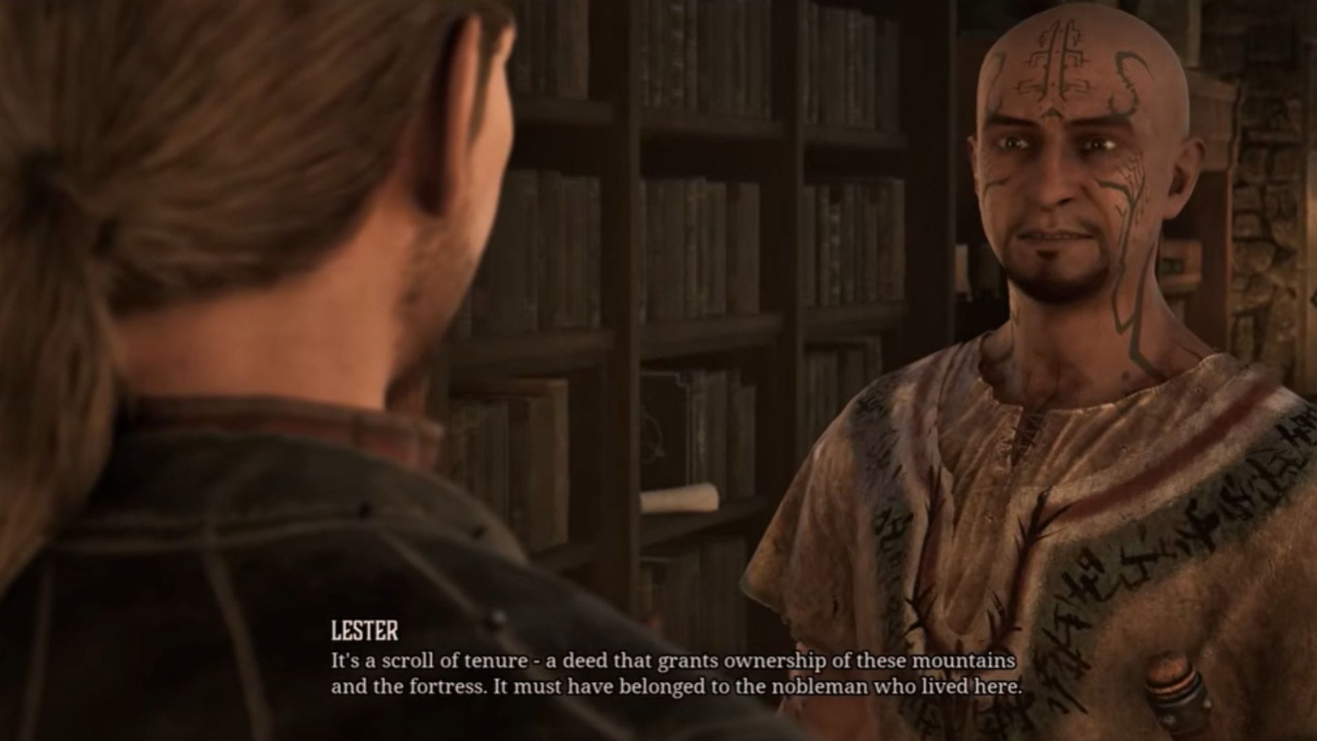 Lester encontra a escritura para você no Capítulo 3 enquanto explora a fortaleza na montanha (Imagem via Alkimia Interactive || @GGChannelX)