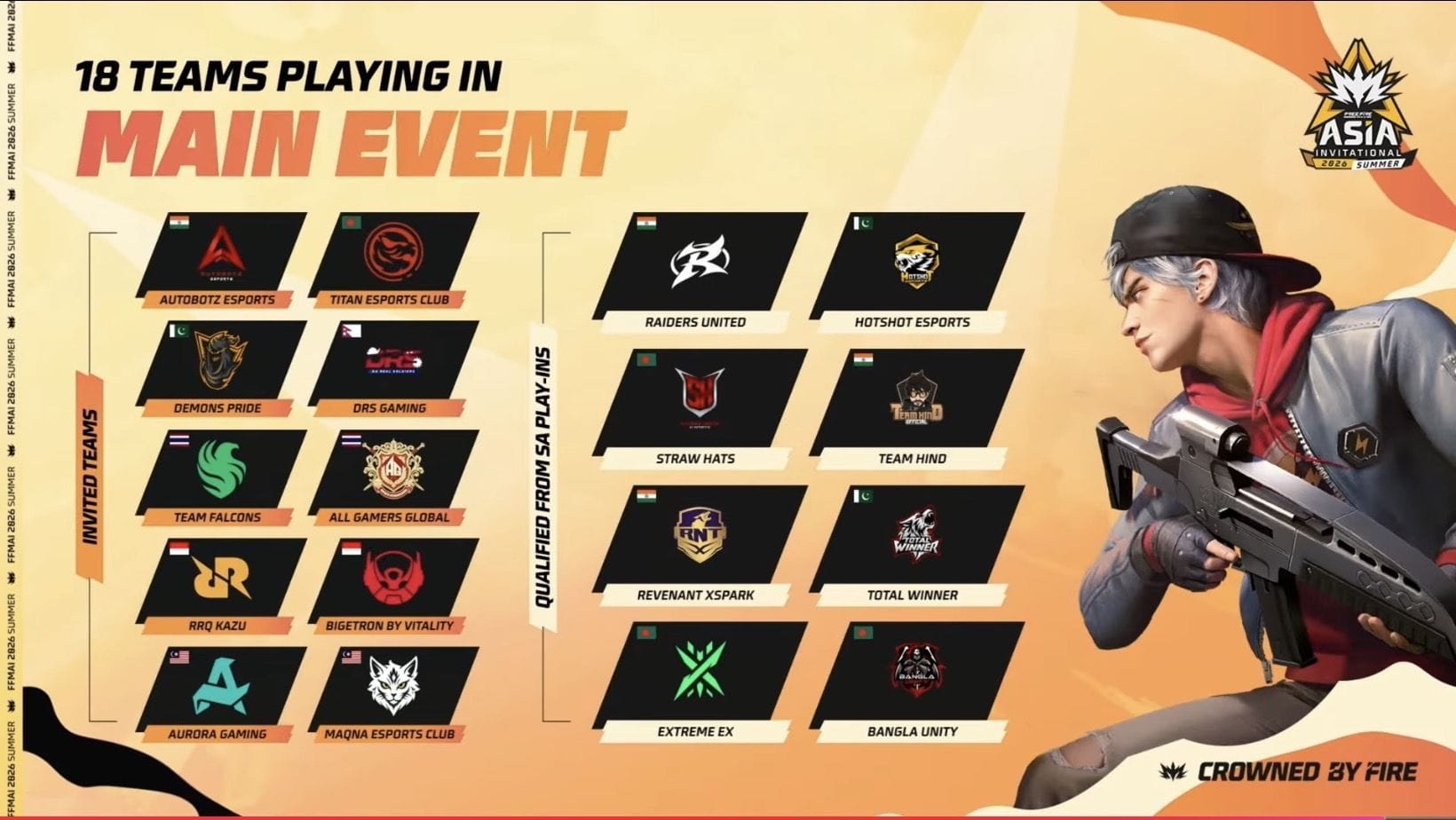 Equipes participantes do Evento Principal de Verão FFMAI 2026 (Imagem via YouTube/@FreeFireMAXEsportsOfficial)