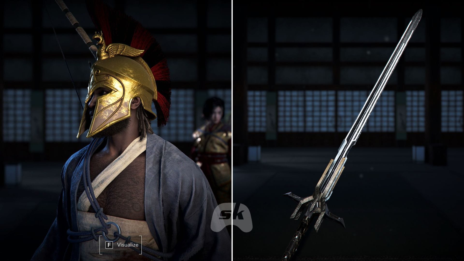 Get Kassandra's Helmet and Eivor's Excalibur for Yasuke (Image via Ubisoft)