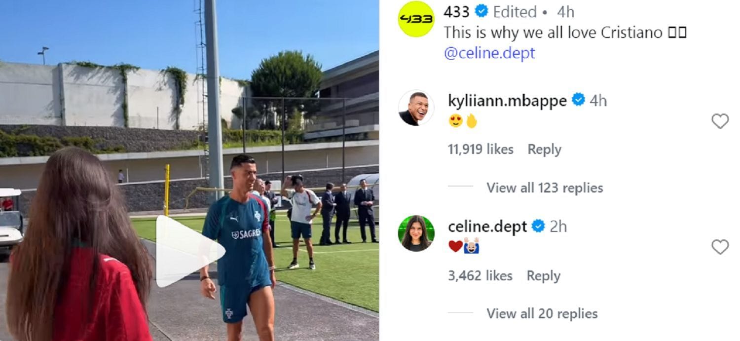 Kylian Mbappe reage ao encontro de Celine Dept com Cristiano Ronaldo (Instagram/@433)
