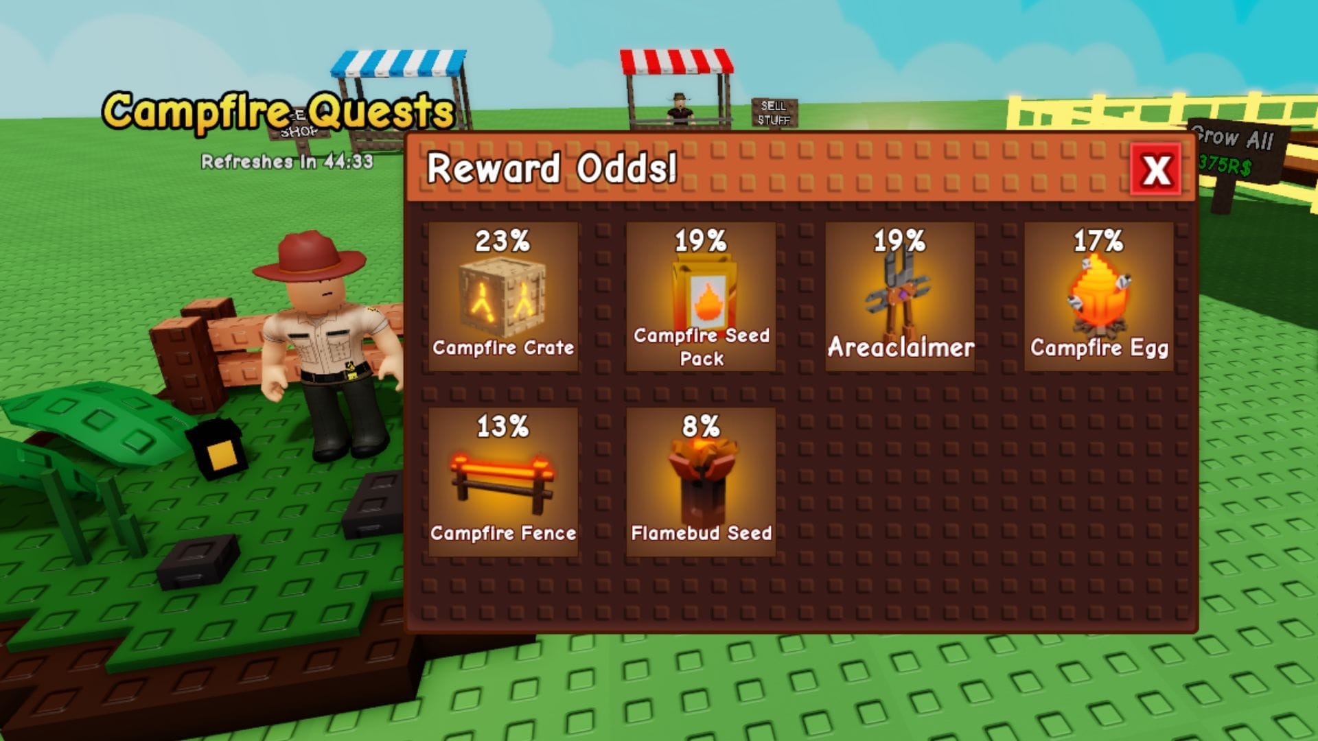 A semente Flamebud nas recompensas das Campfire Quests (Imagem via Roblox)