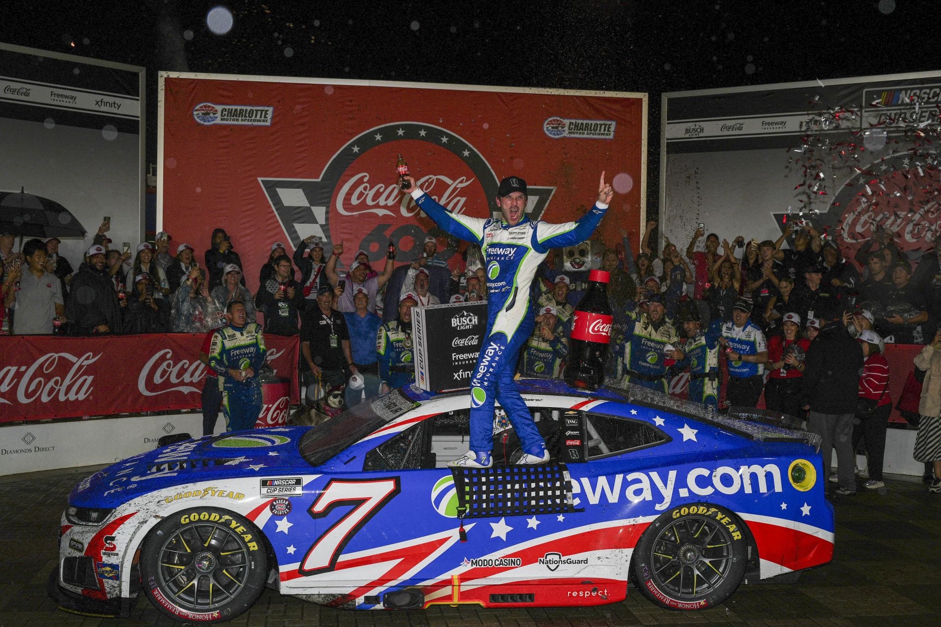Daniel Suarez celebrates his win during the Coca-Cola 600 at Charlotte Motor Speedway. - Source: Imagn