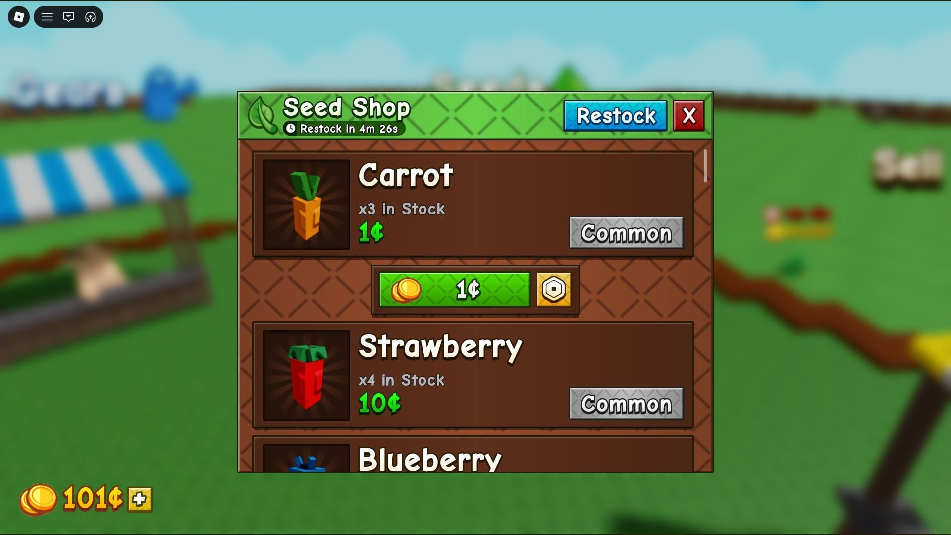 Sementes para várias culturas podem ser encontradas na Loja de Sementes (Imagem via Roblox)