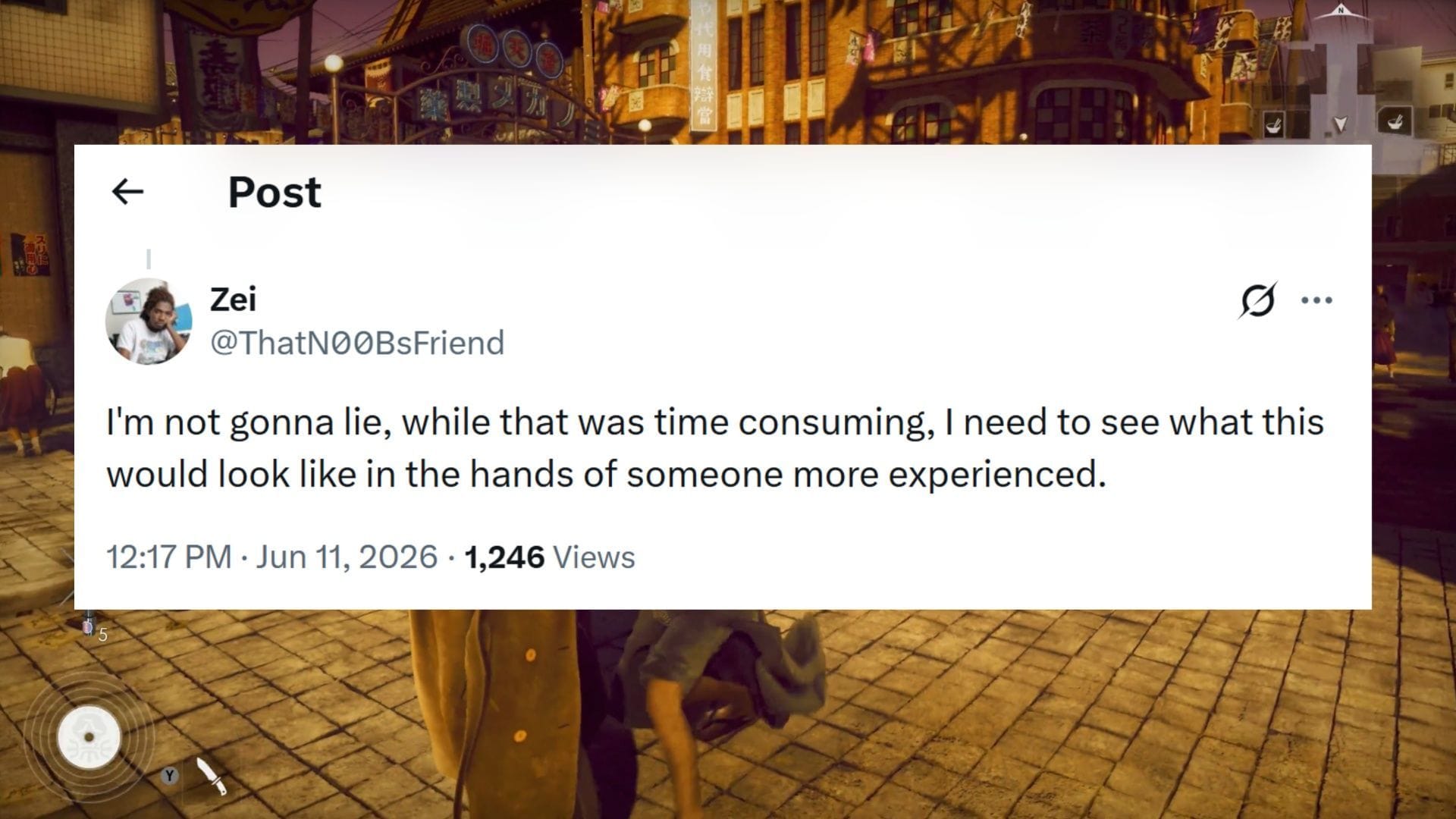 While the X user in question did say they love the Yakuza games, some replies would prefer someone with more skill play (Image via SEGA || Twitter@ThatN00bsfriend)