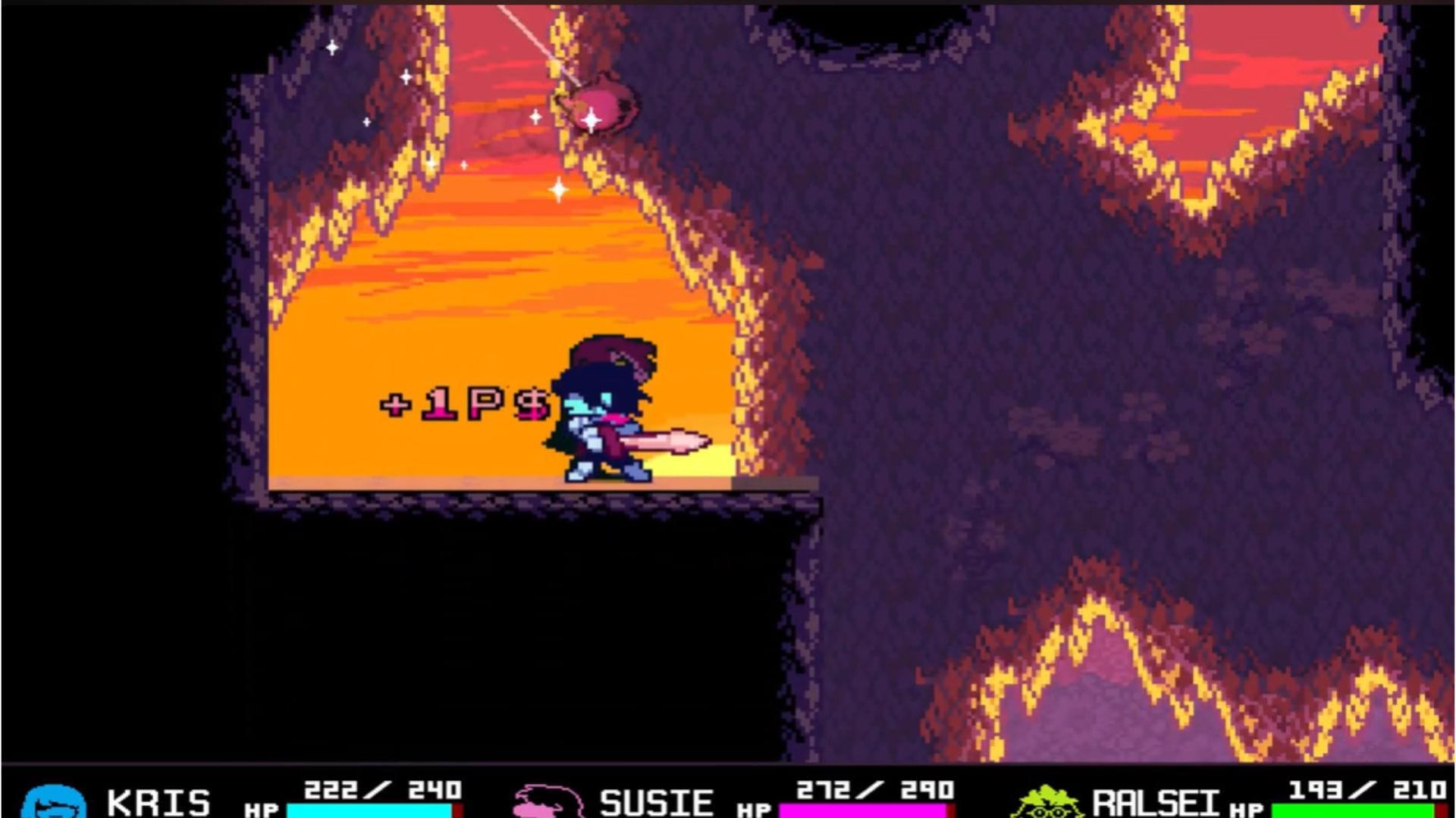 Esta moeda rosa está em um penhasco em Deltarune (Imagem via Toby Fox || Youtube/@BlueBlurX7)