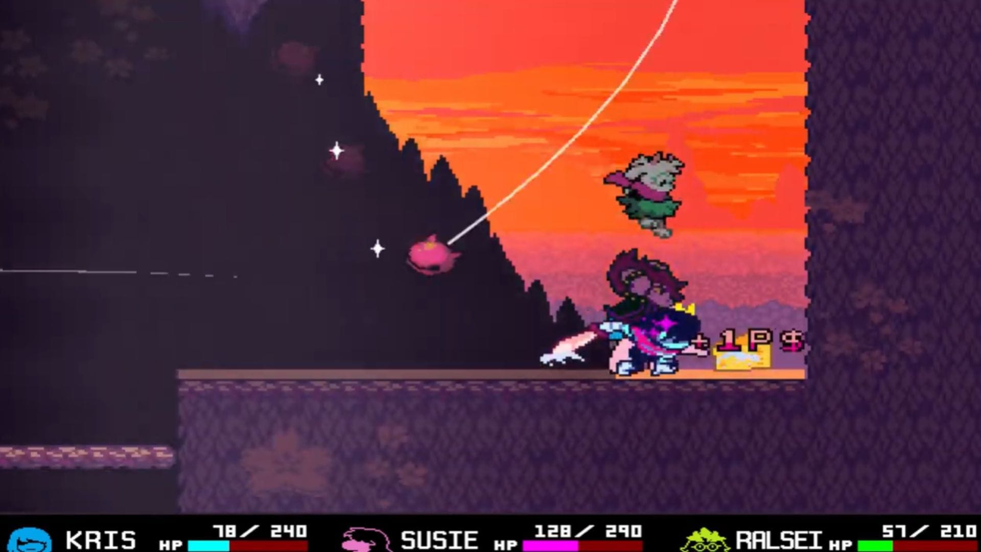 Esta moeda rosa está em uma caverna após o segmento do moinho de vento em Deltarune (Imagem via Toby Fox || Youtube/@BlueBlurX7)