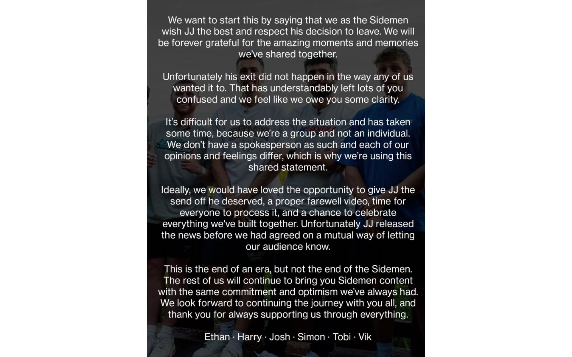 Sidemen aborda a saída de JJ (Imagem via X/@Sidemen)