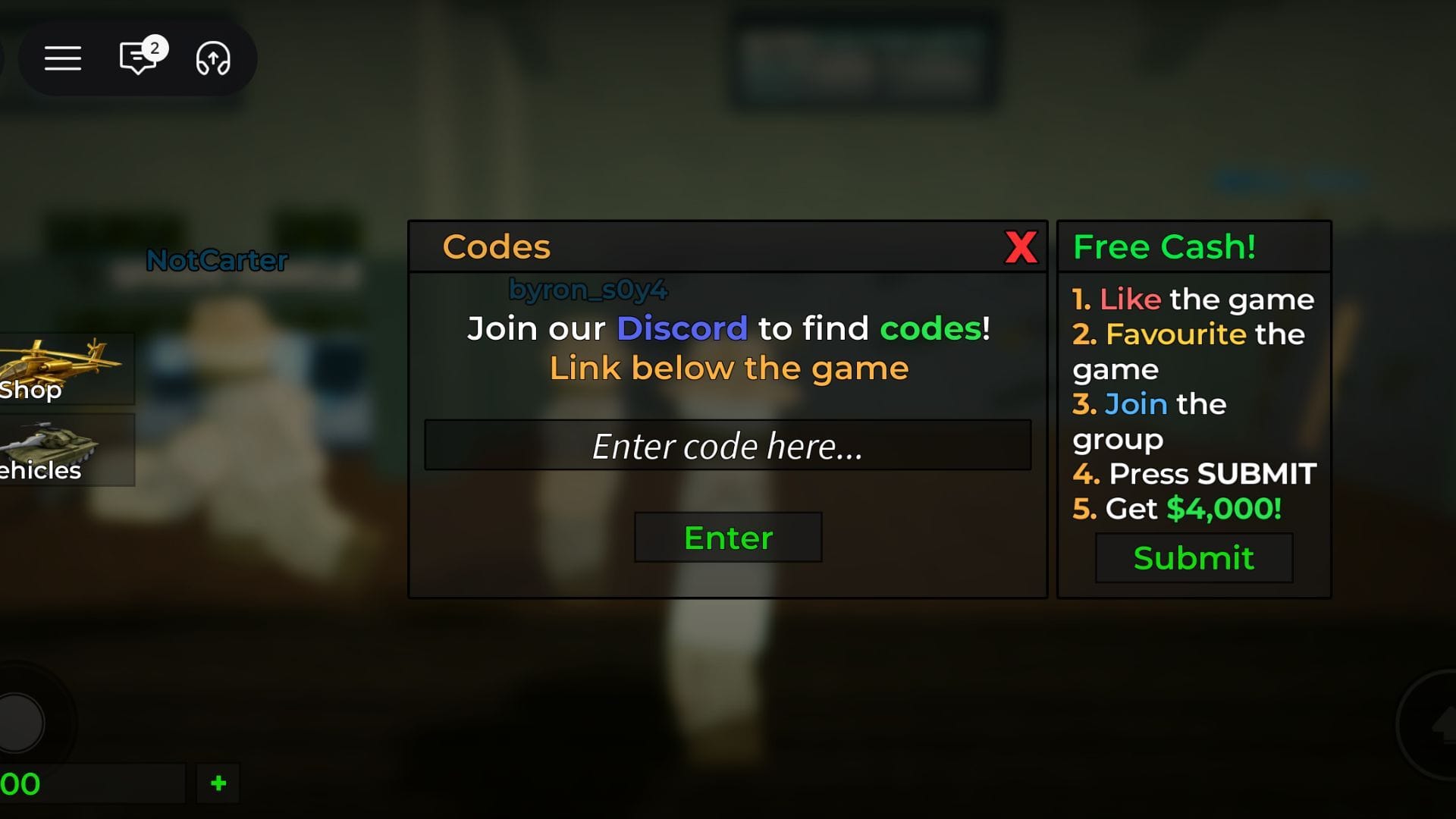 Cole o código na caixa de texto (Imagem via Roblox)