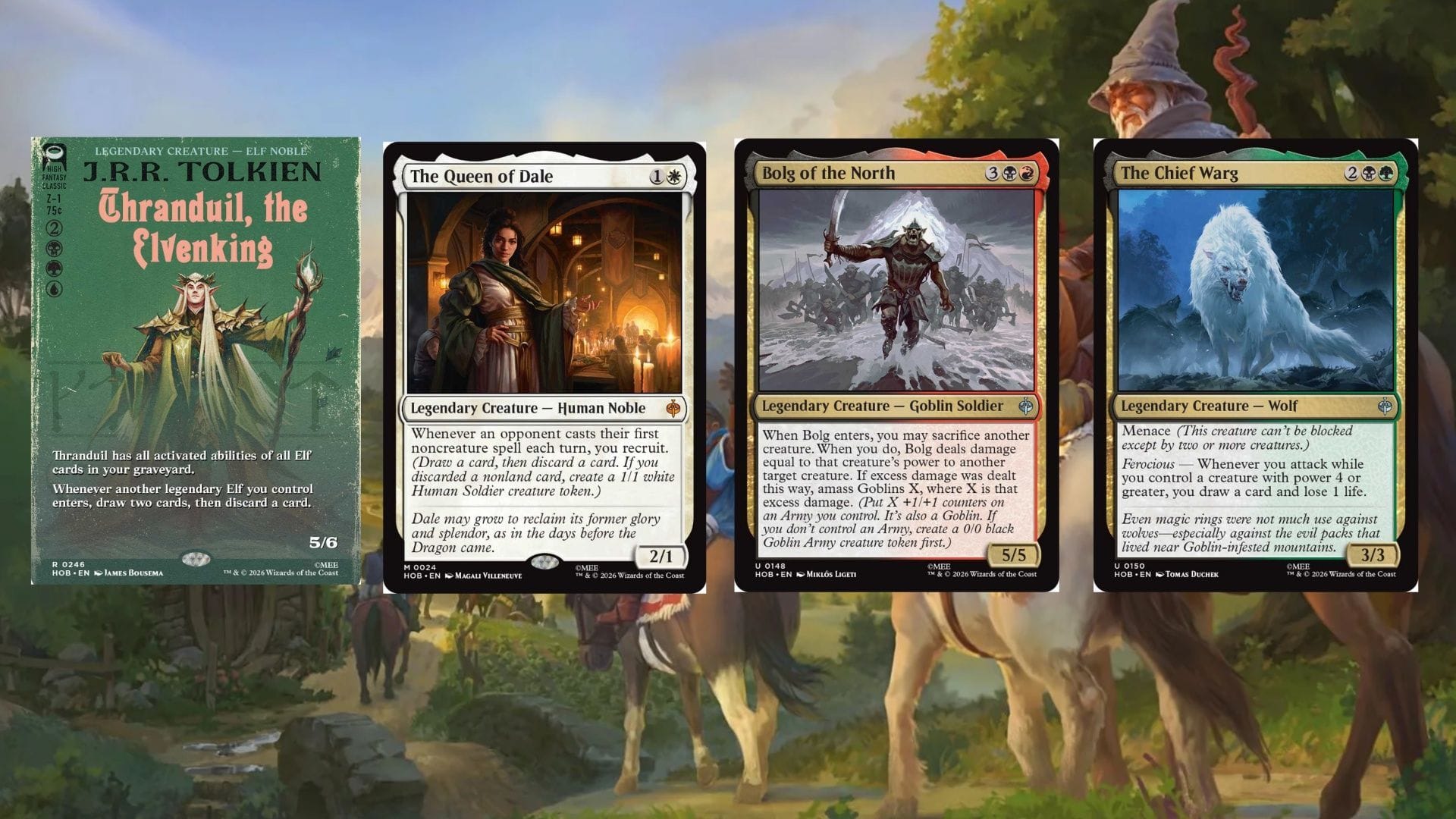 Featured: Thranduil, the Elvenking, The Queen of Dale, Bolg of the North, The Chief Warg (Image via Wizards of the Coast)