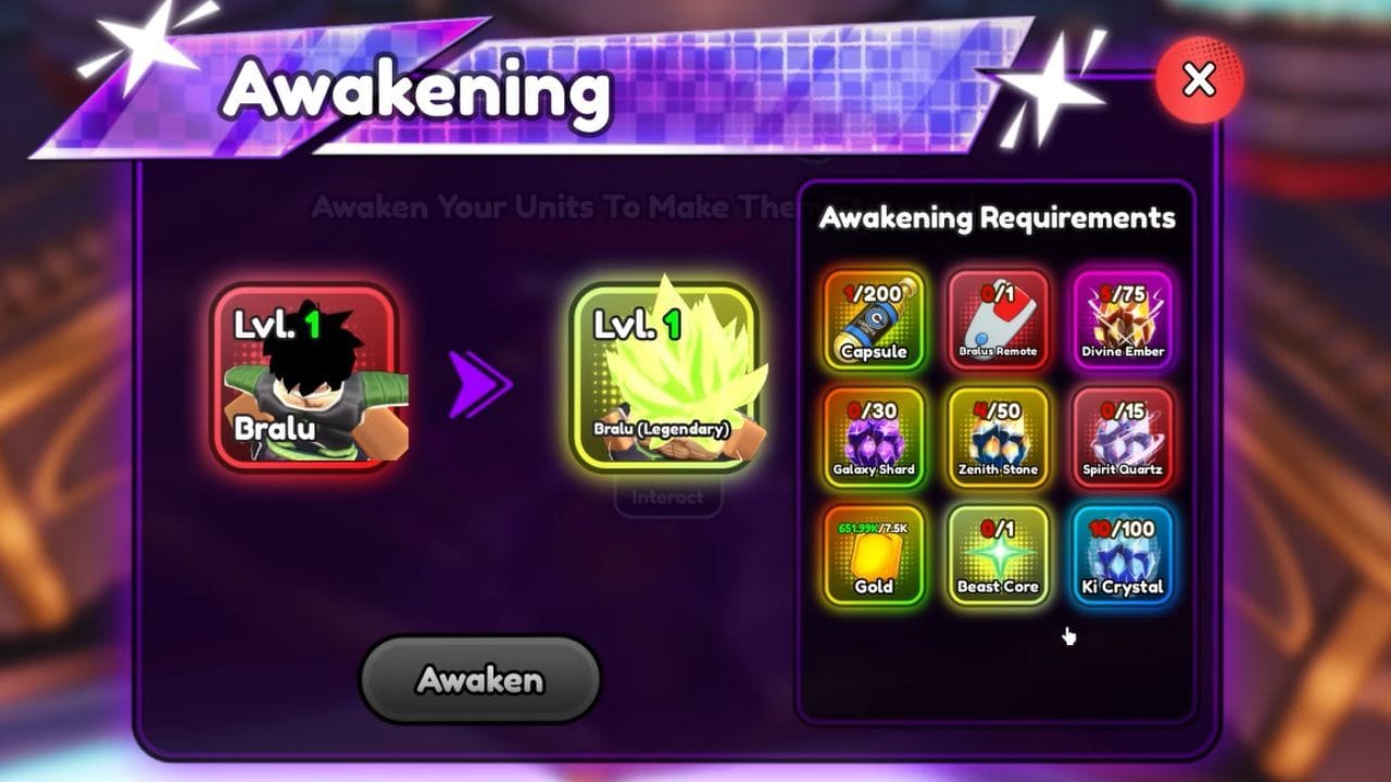 Todos os itens necessários para despertar Bralu (imagem via Roblox)