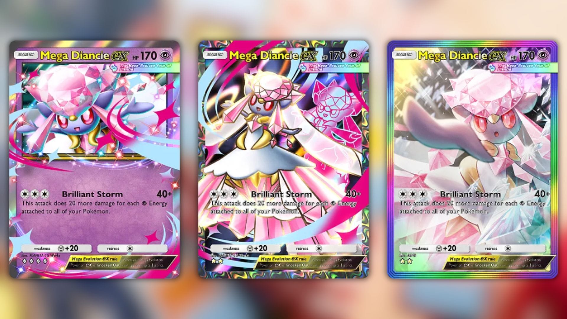 Todas as variantes de Mega Diancie ex conforme vistas no jogo (Imagem via The Pokémon Company)