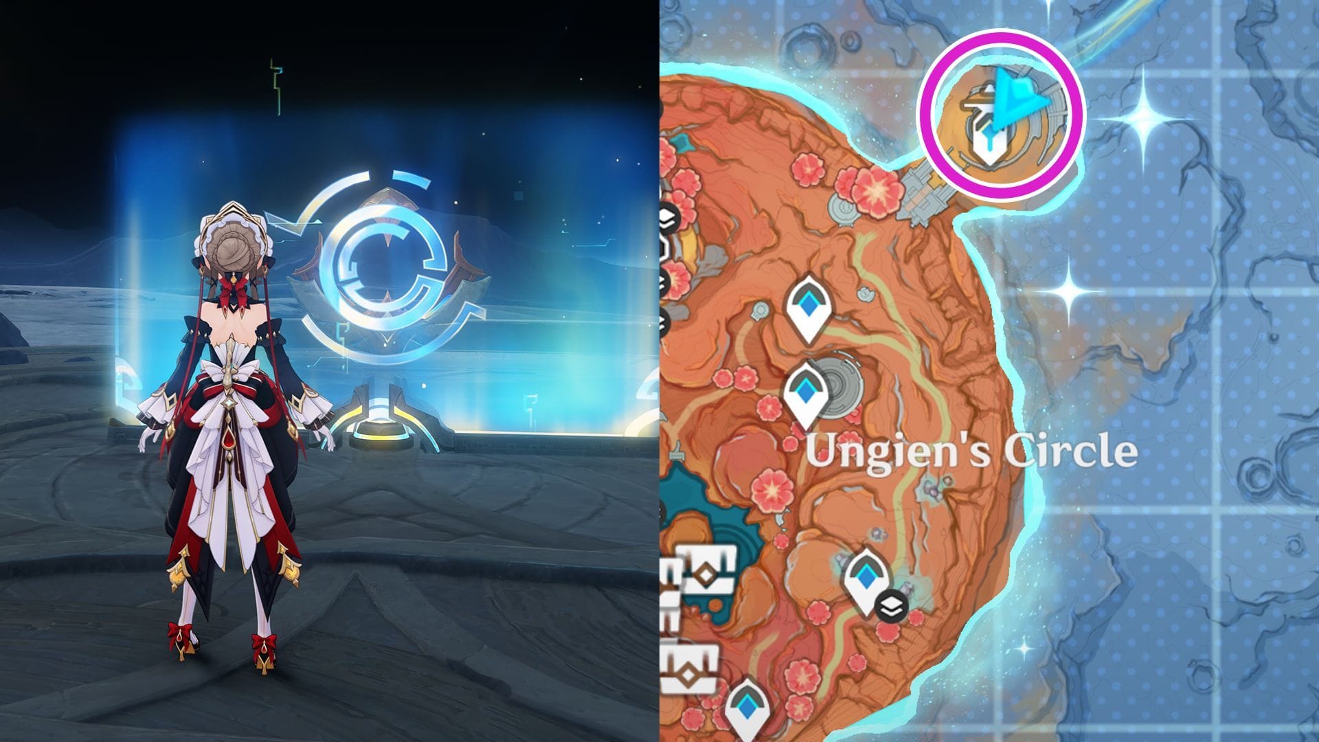 Localização da estação de trânsito no Círculo de Ungien (Imagem via Sportskeeda Gaming/HoYoverse)