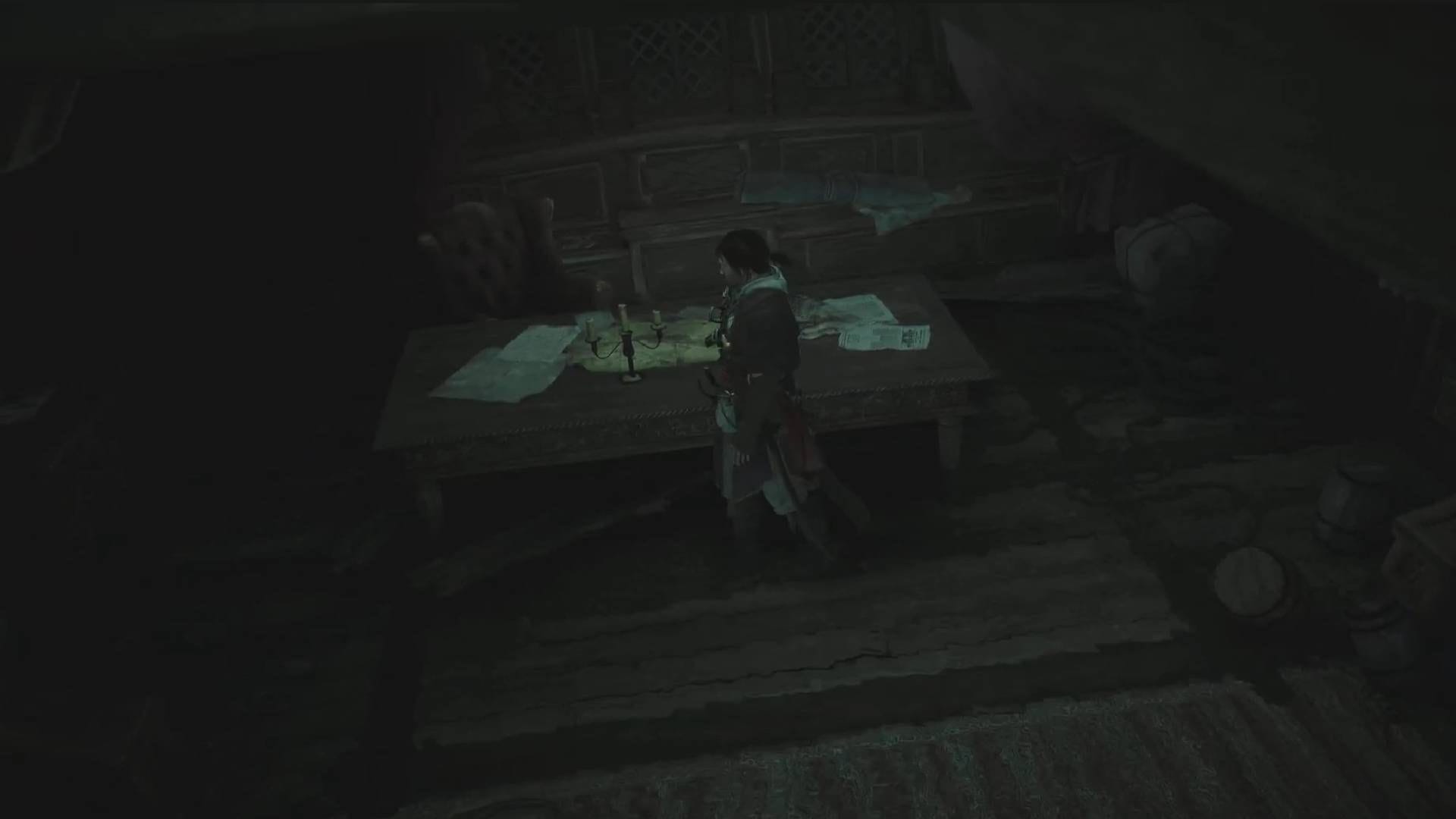 Explore Stede's Cabin to find another letter at the end of the Captain Stede Bonnet side quest (Image via Ubisoft || YouTube@postmodeorg)