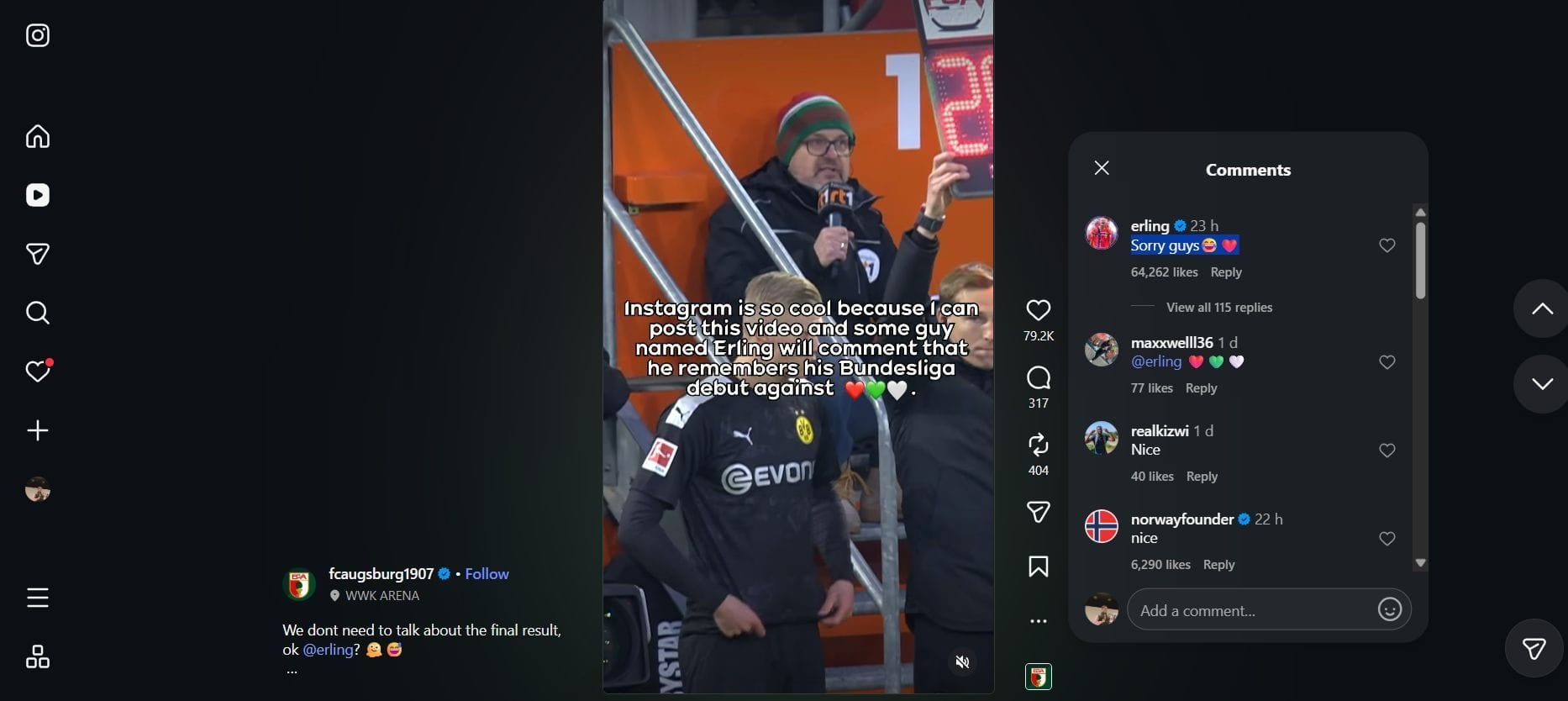 Screenshot f Erling Haaland's message on FC Augsburg's Instagram reel (Pic: Augsburg/IG reel)