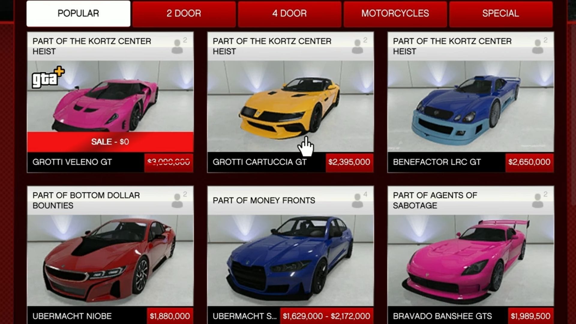 Preço do Cartuccia GT no GTA Online The Kortz Center Heist DLC (Imagem via Rockstar Games)