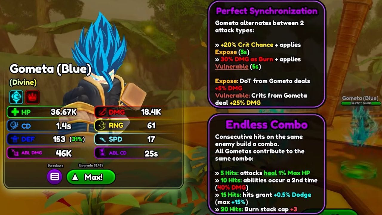 Passivos de Gometa (azul) em Anime Squadron (imagem via Roblox)