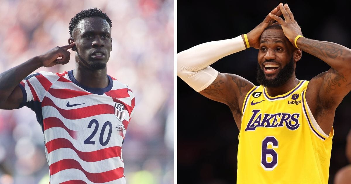 LeBron James reacts as USMNT star Folarin Balogun hits the silencer celebration after scoring at FIFA World Cup