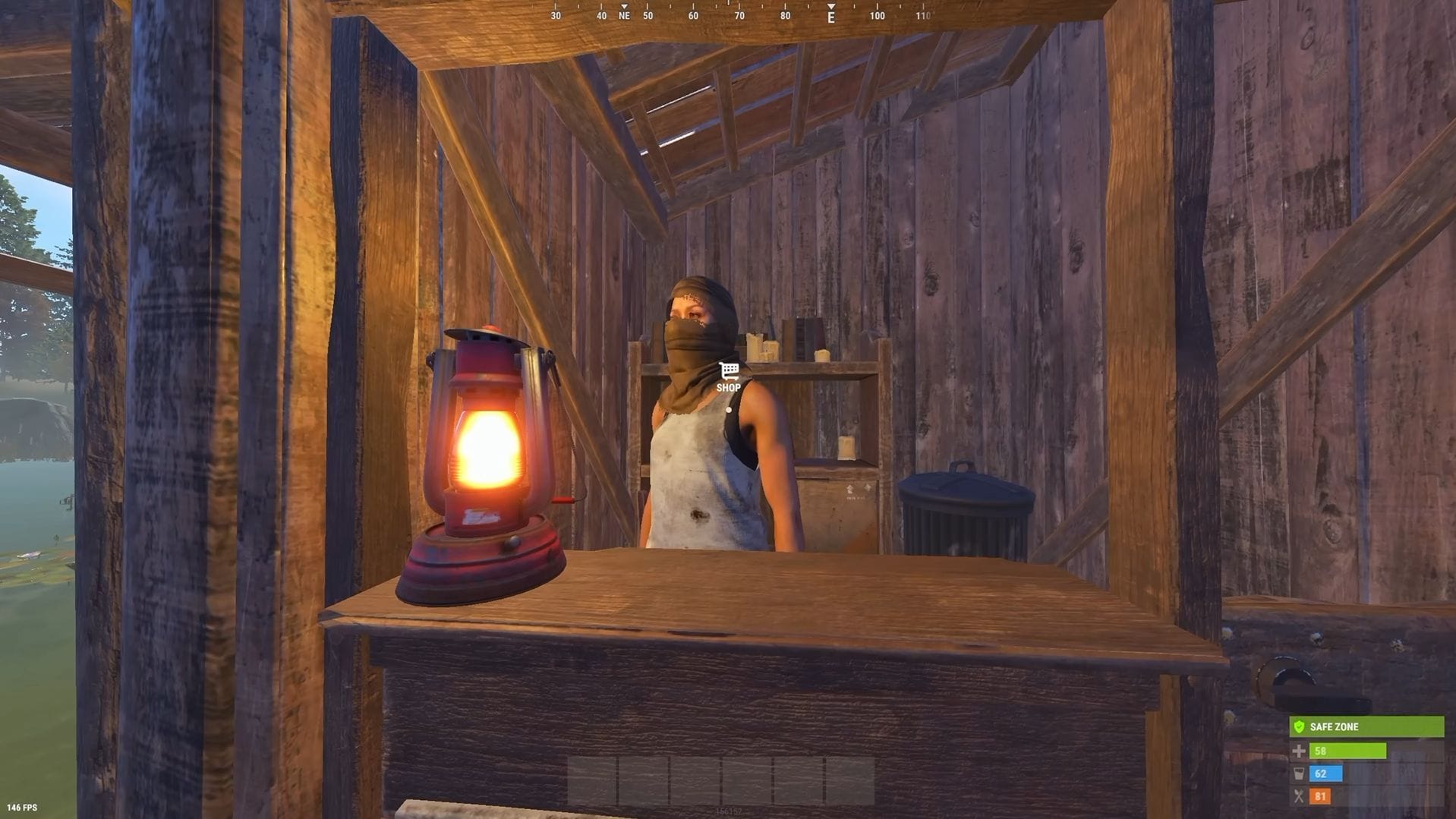 Vendedor do acampamento Rust Bandit vendendo chave do apartamento em Rust (imagem via Facepunch Studios) 