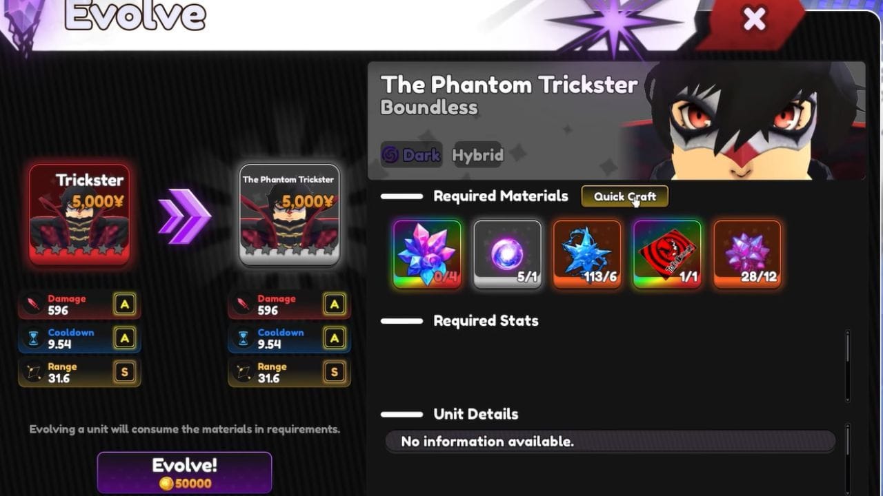 All materials needed to evolve Trickster (Image via Roblox)