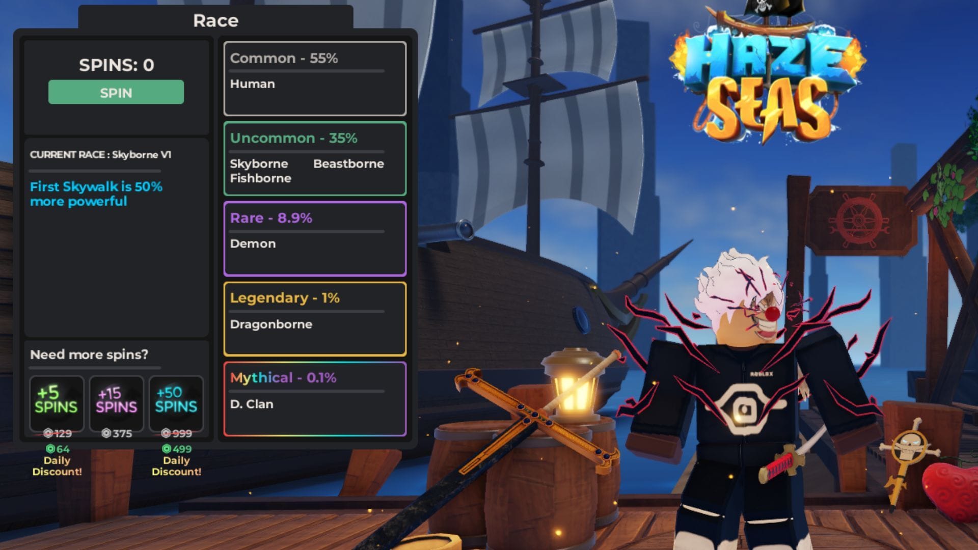 A interface Race Spin (imagem via Roblox)