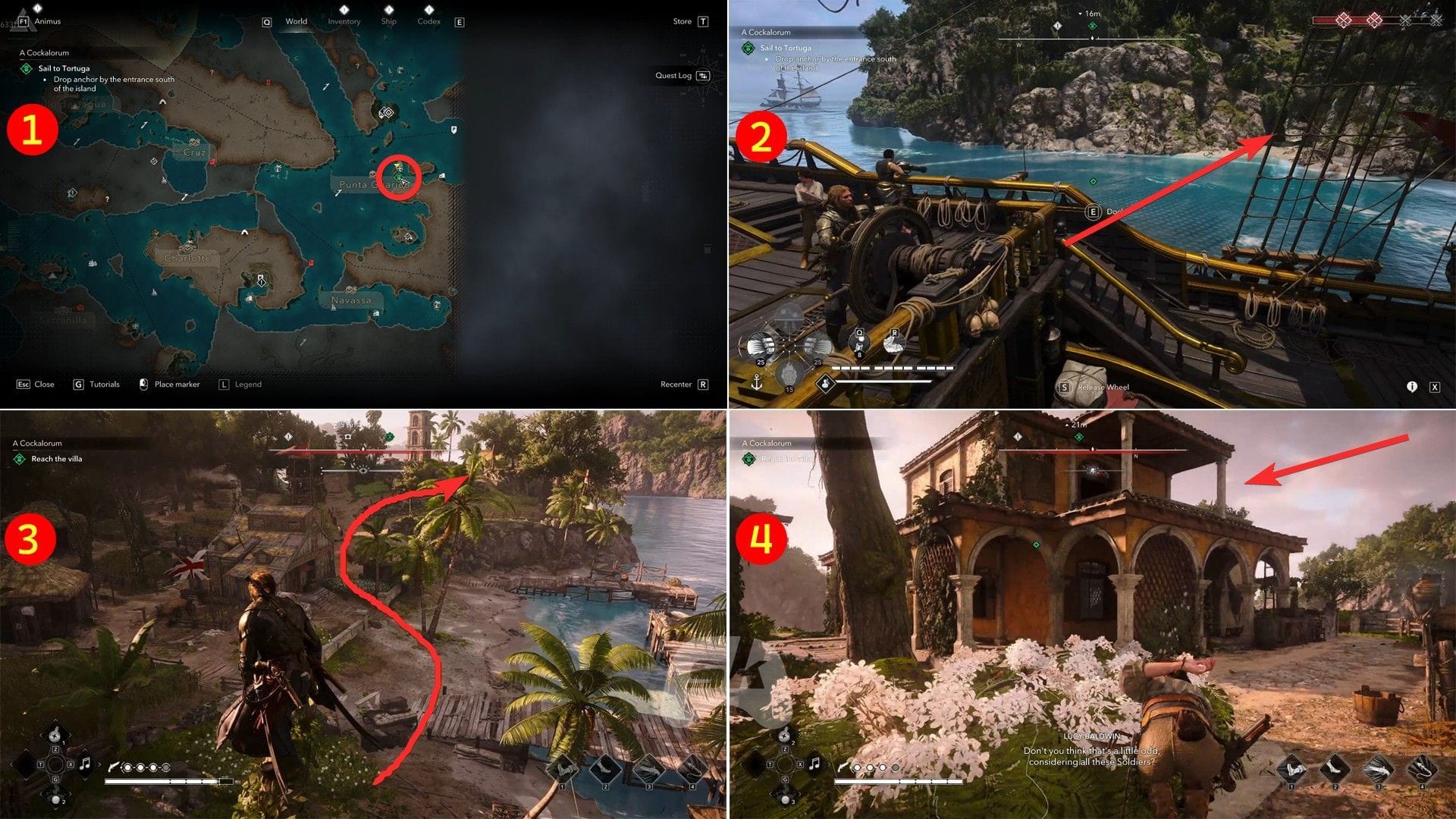 Dock at Tortuga, then reach the villa (Image via Sportskeeda Gaming || Ubisoft)