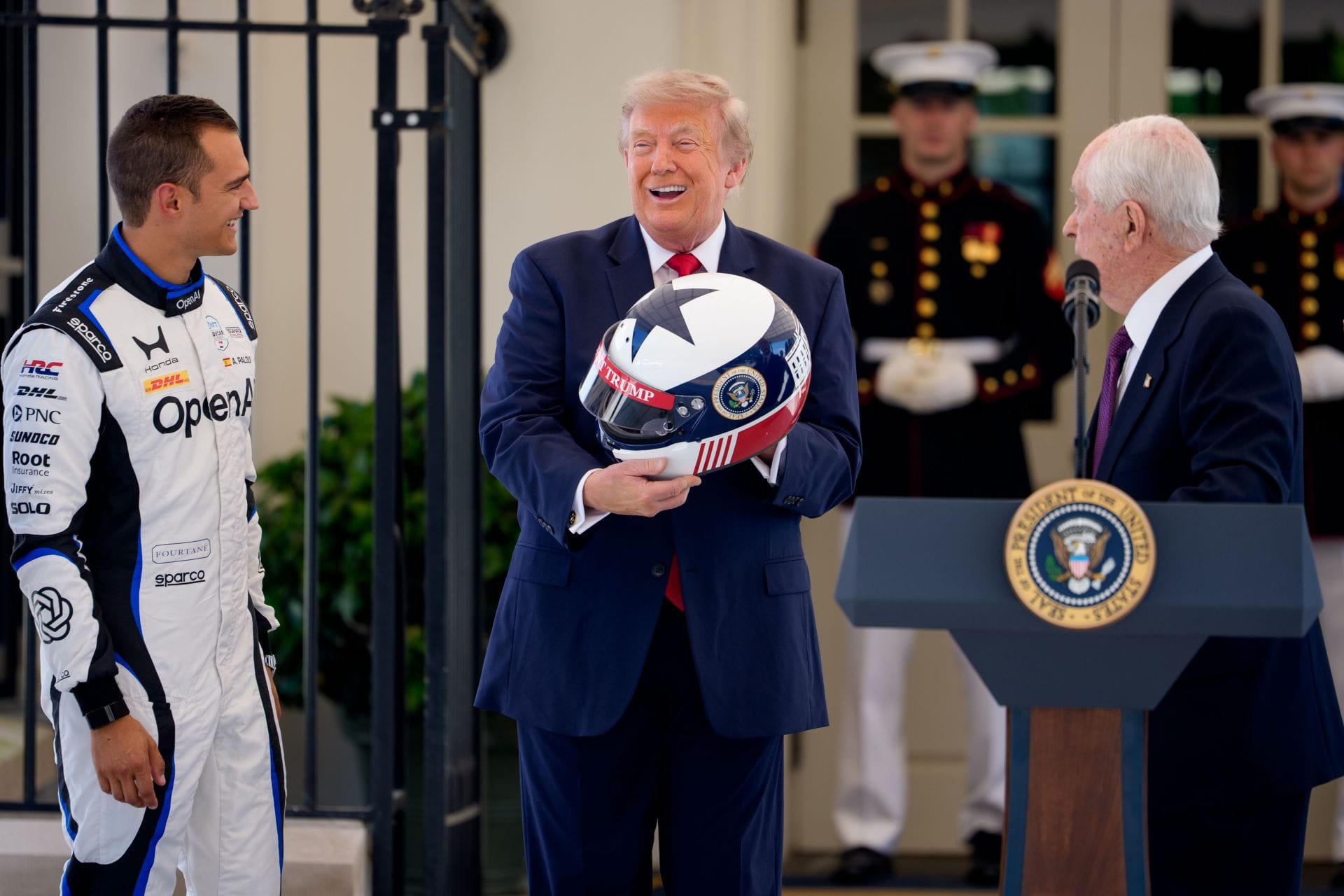 “Atleast he’ll look good”: Fans react as Roger Penske gifts Donald Trump special Indy Freedom 250 racing helmet