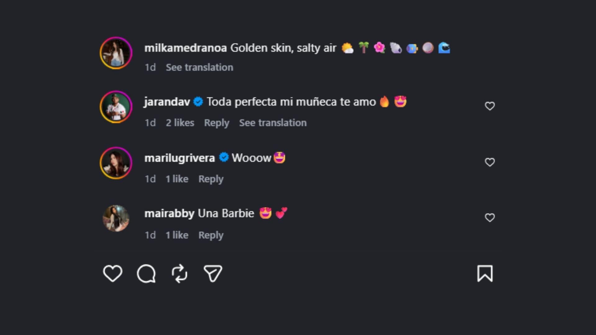 Jonathan Aranda comentou na postagem de sua esposa Milka no IG