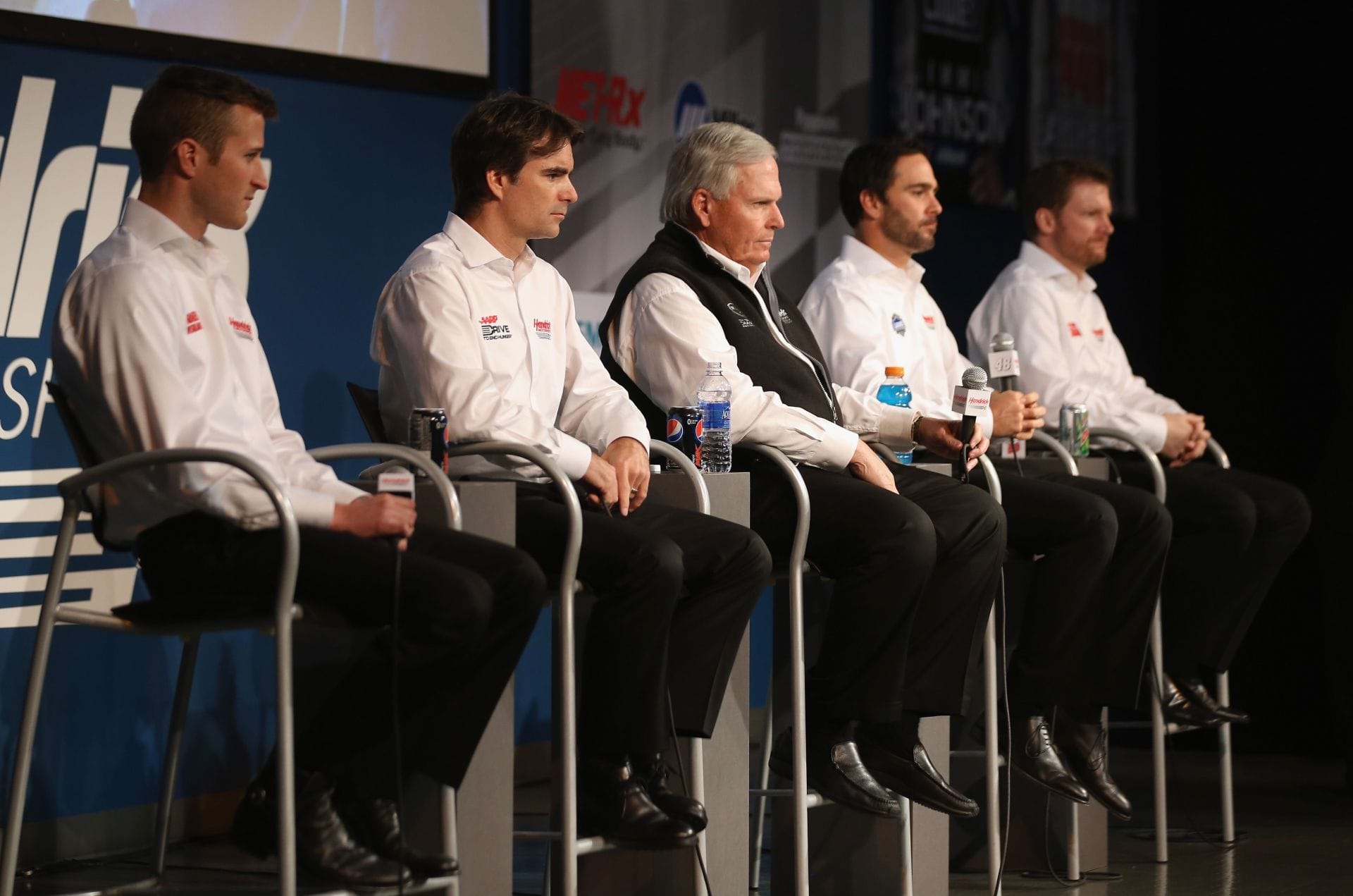 Kasey Kahne, Jeff Gordon, team owner Rick Hendrick, Jimmie Johnson and Dale Earnhardt Jr. during the 2013 NASCAR Sprint Media Tour on January 23, 2013. - Source: Getty