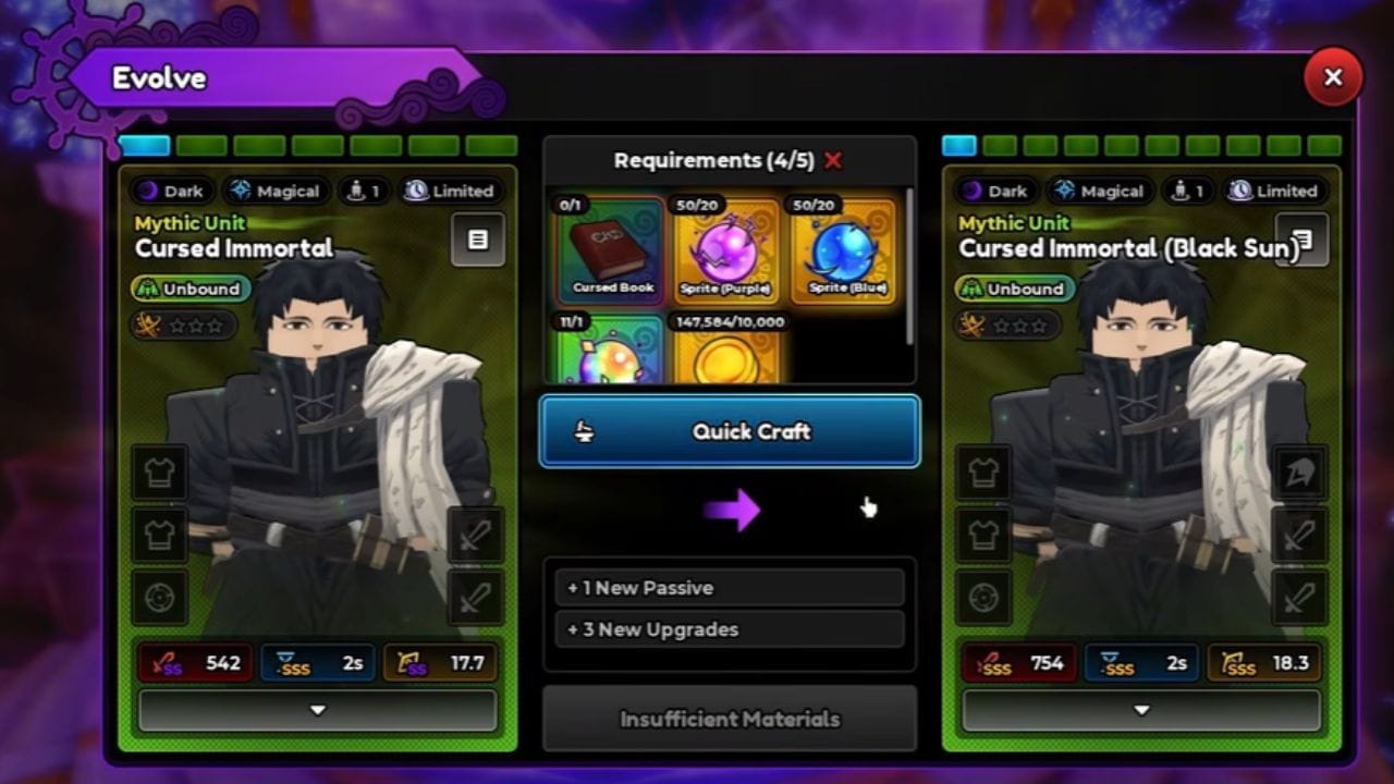 Materials needed to evolve Cursed Immortal (Image via Roblox)