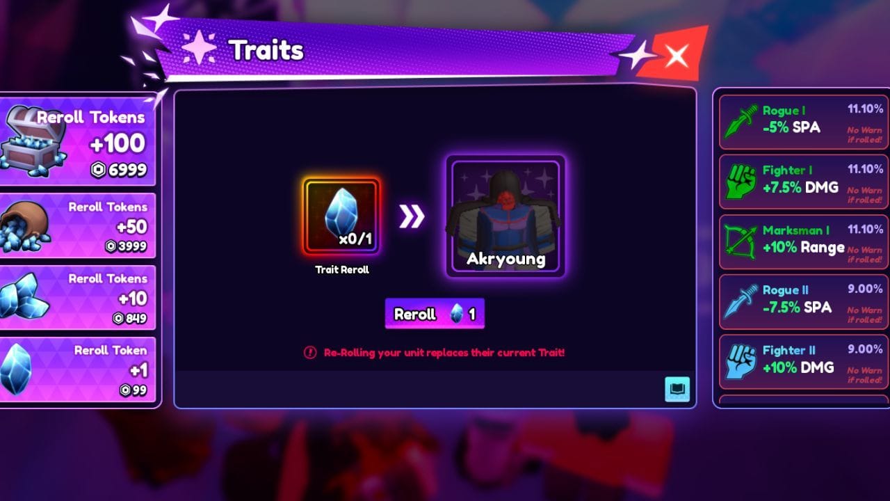 Trait Rerolls are needed to give Traits to units (Image via Roblox)