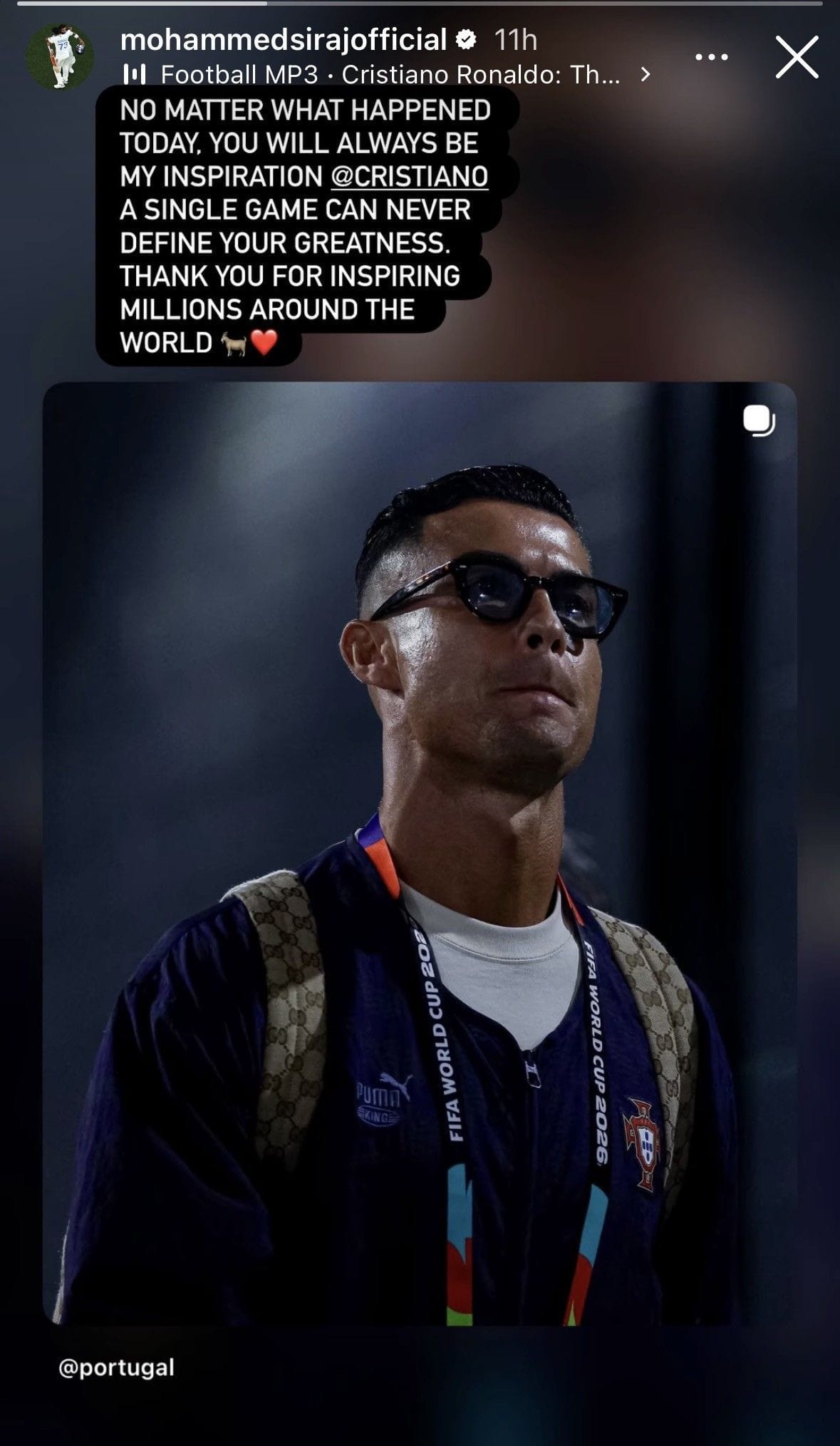 Captura de tela da história de Mohammed Siraj no Instagram