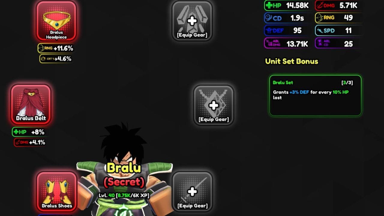 Equipe equipamentos no Bralu para aumentar seu potencial (Imagem via Roblox)