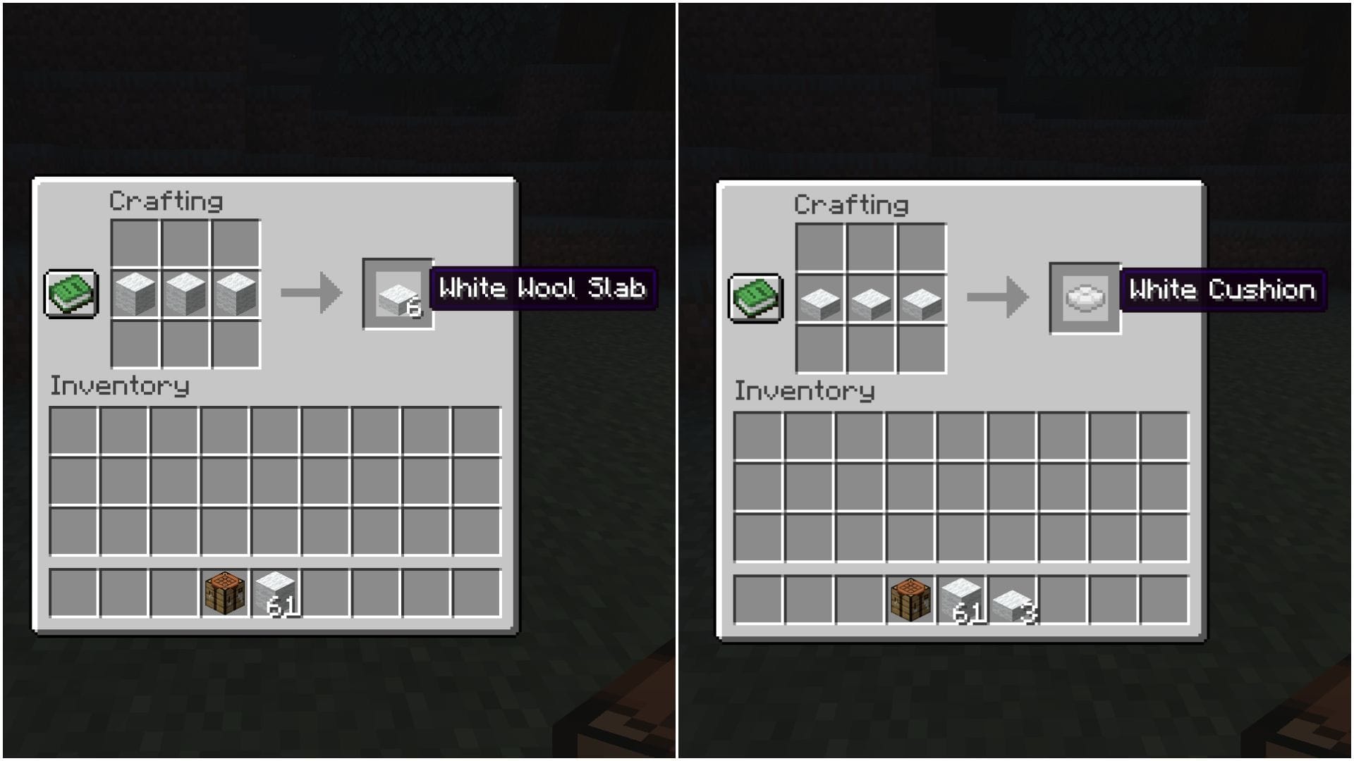 First craft wool slabs, then craft the new block from slabs (Image via Mojang Studios || Sportskeeda)