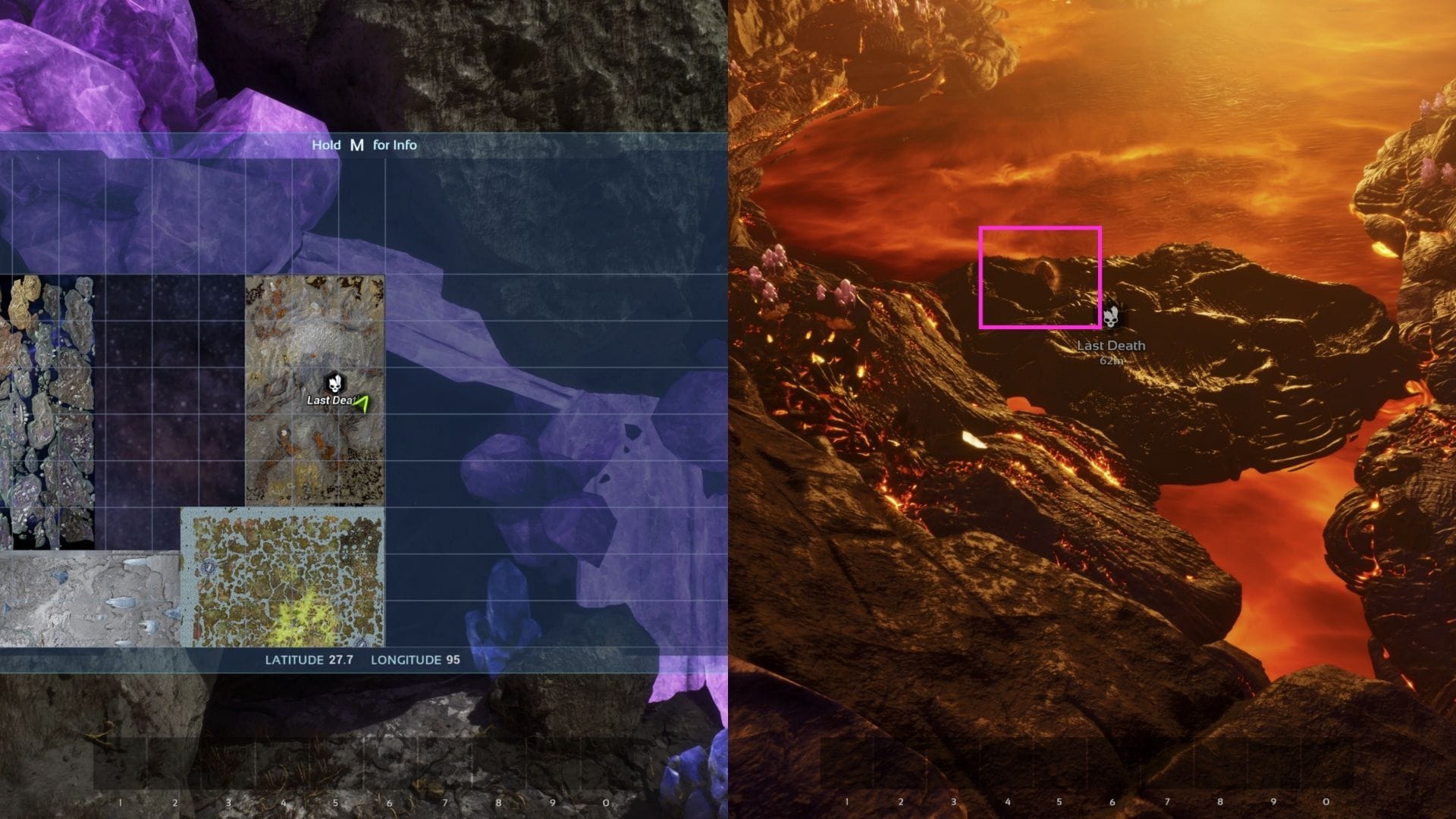 Você pode encontrar Ovos de Magmasaur perto de praticamente qualquer caverna de cristal roxo com lava (Imagem via Studio Wildcard || Sportskeeda)