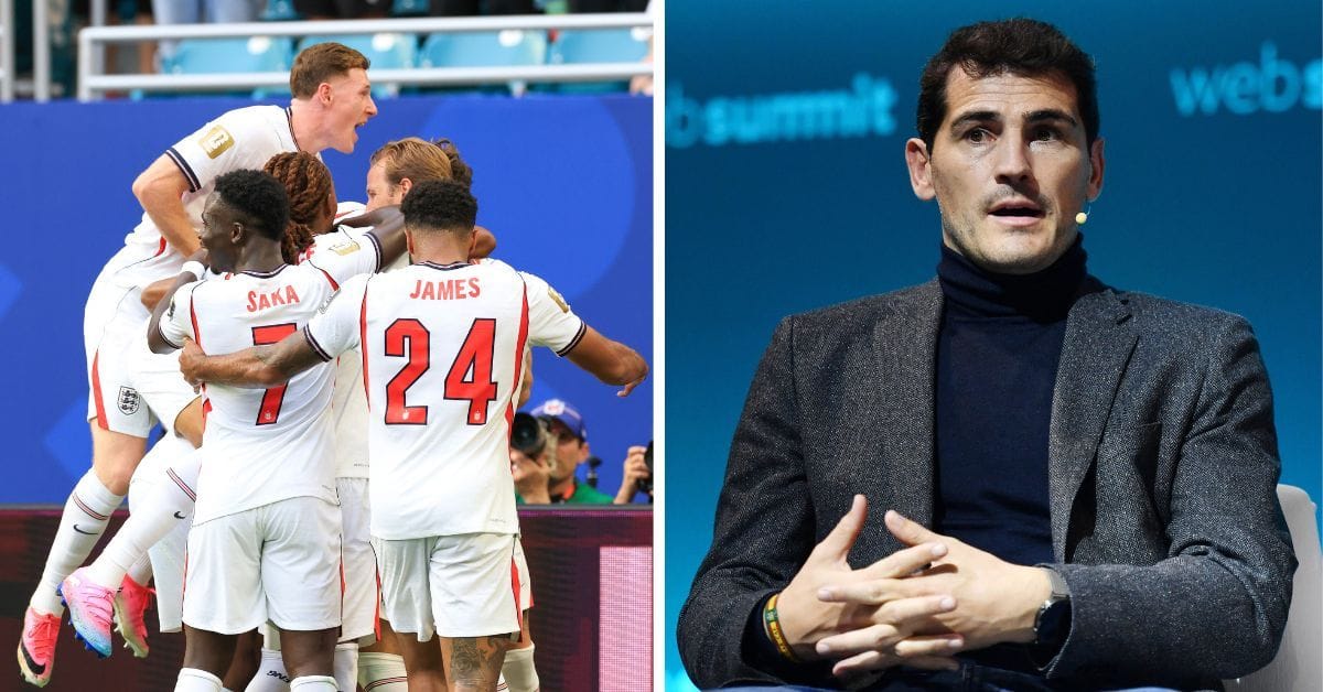 Iker Casillas reacts to England securing 2-1 win over Norway after camera cable controversy during FIFA World Cup quarter-final