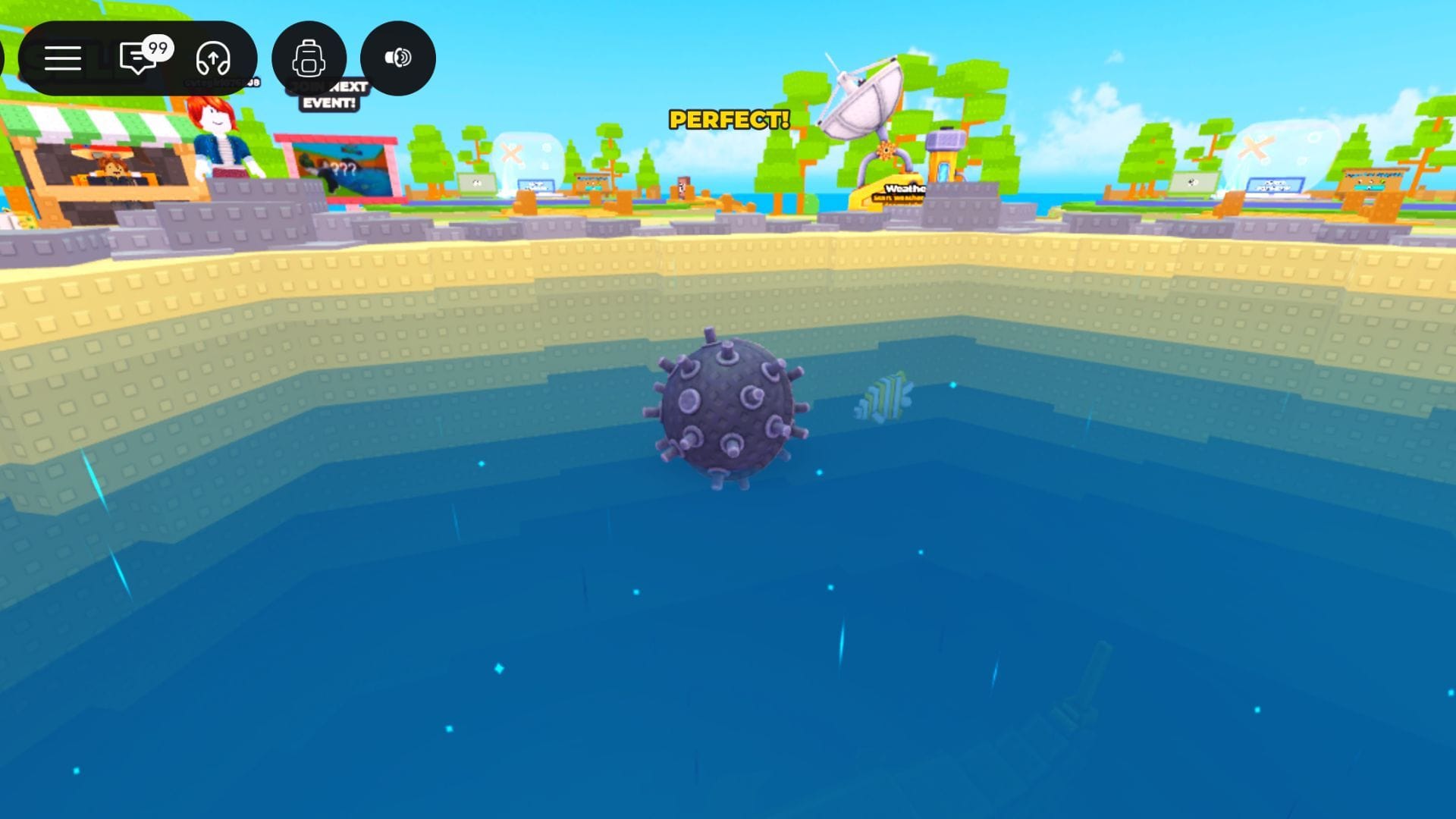 Jogando a bomba perfeitamente na lagoa (Imagem via Roblox)
