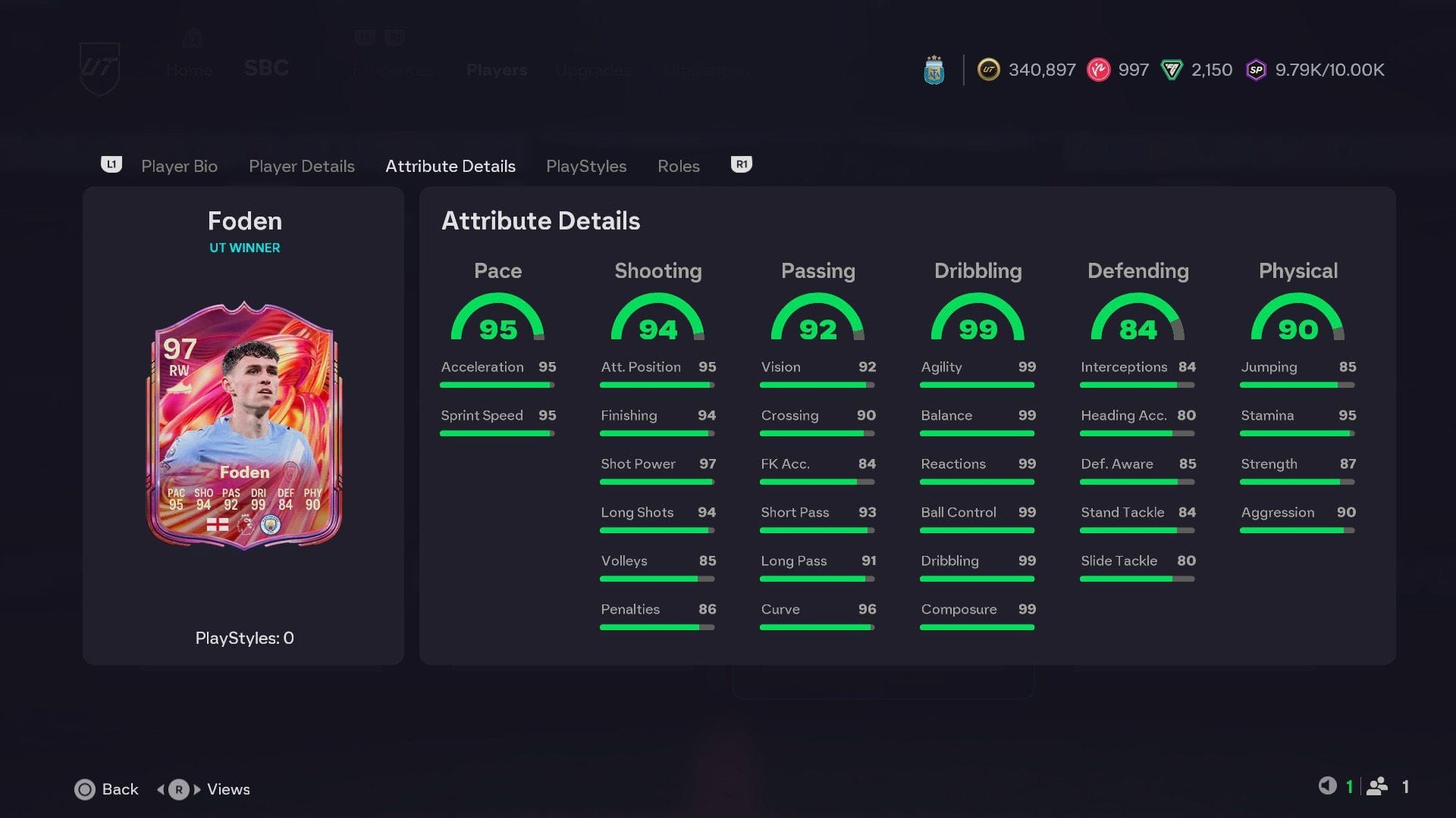Attributes of the EA FC 26 Phil Foden Futties card (Image via Sportskeeda/EA Sports)