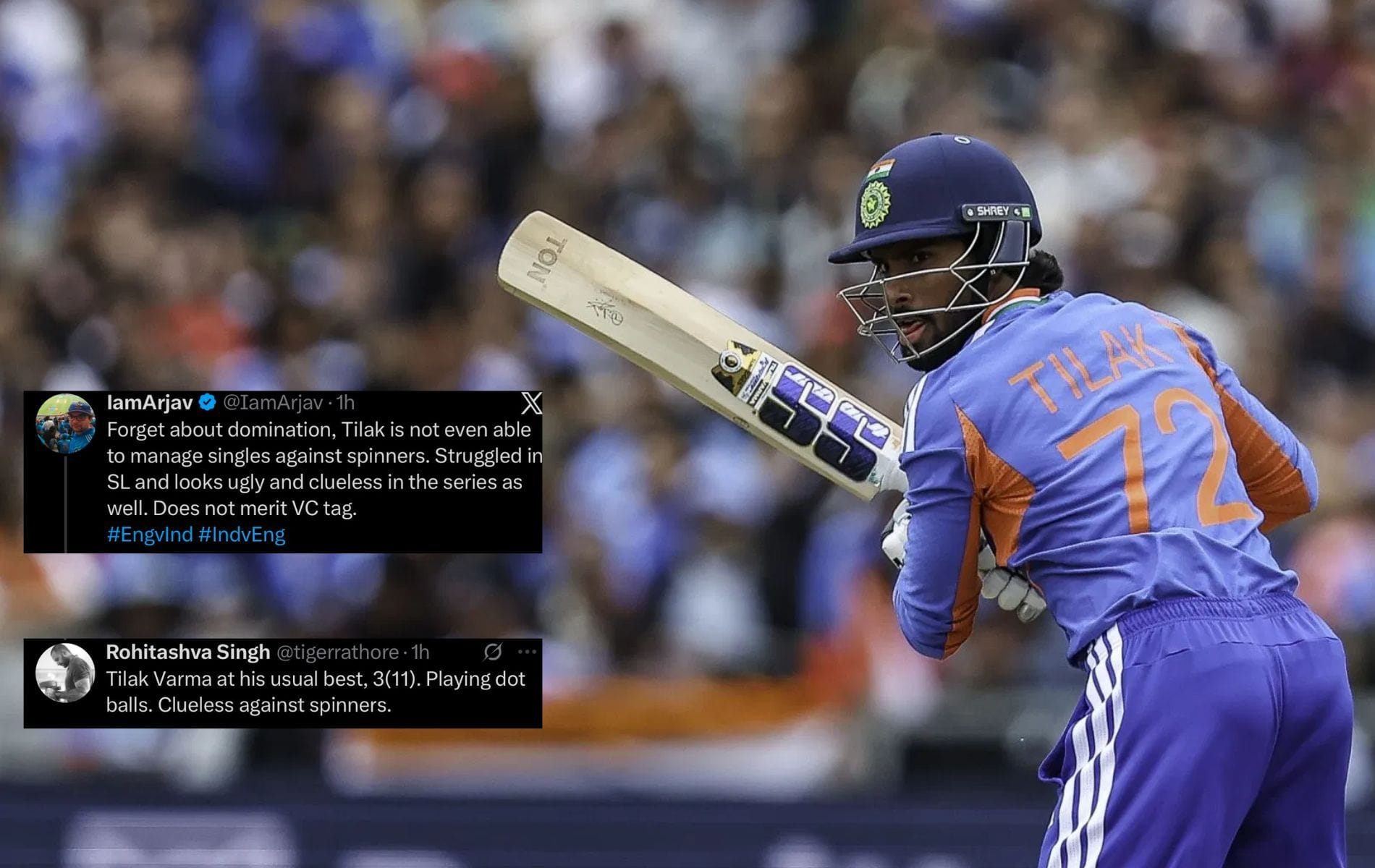 "Clueless against spinners" - Fans slam Tilak Varma for his 3 off 13 balls in ENG vs IND 2026 3rd T20I