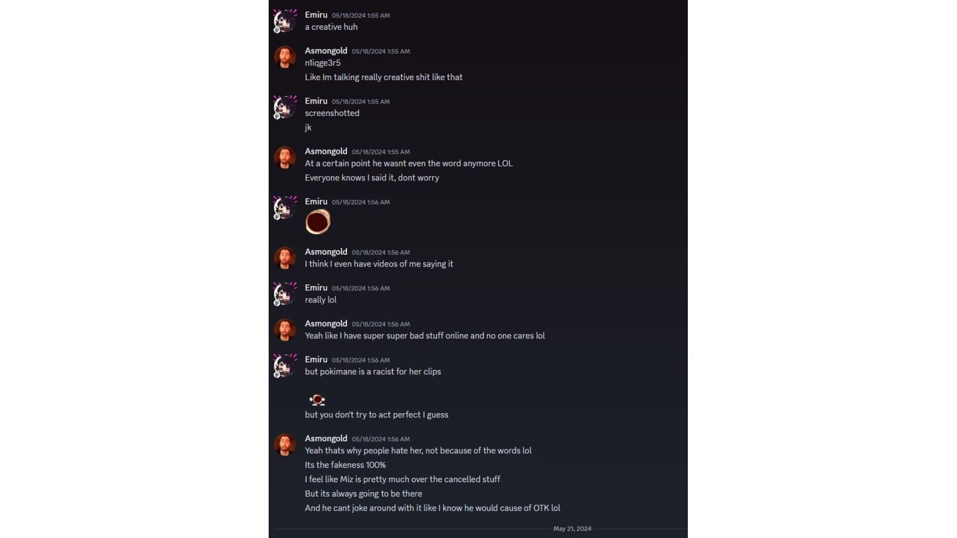 Screenshot of Discord chat logs that Mizkif shared on X on July 9, 2026 (Image via X/@REALMizkif)