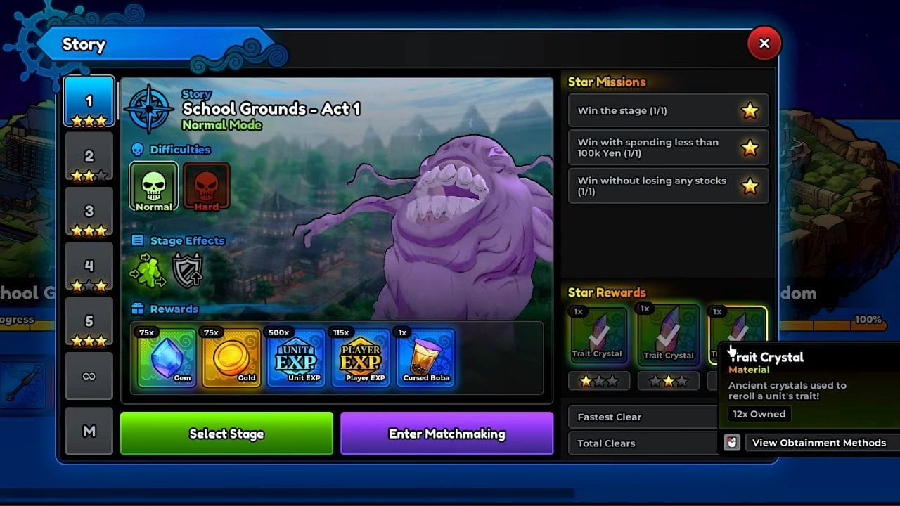 Complete Star Missions to get Trait Crystals (Image via Roblox)
