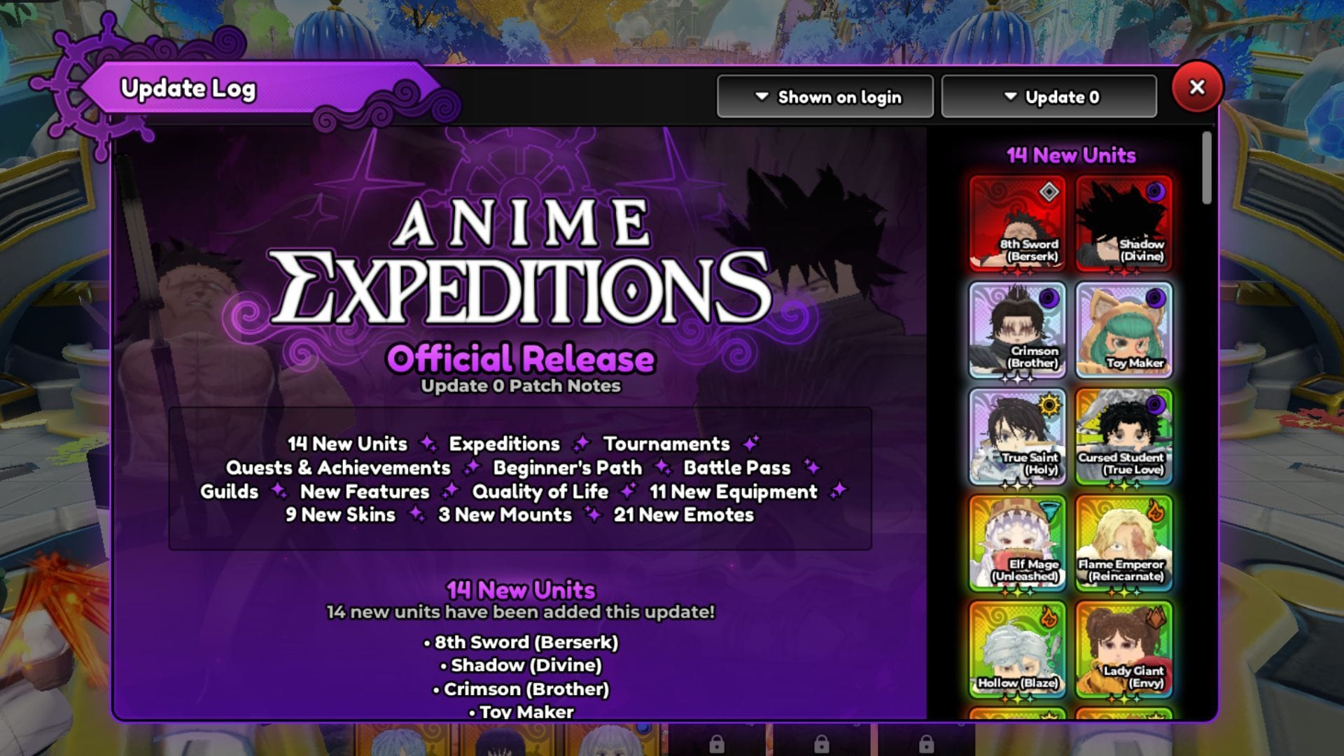 In-game Update Log (Image via Roblox)