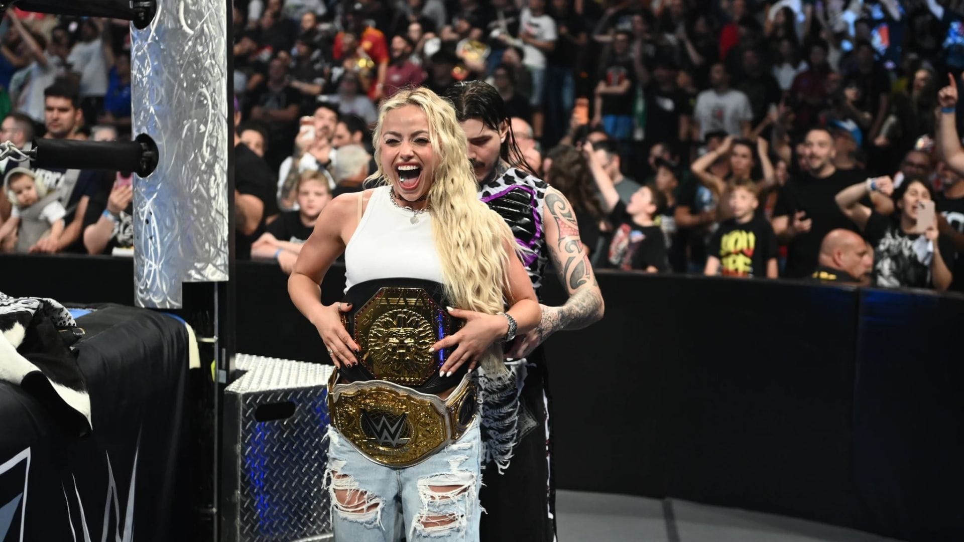 Liv Morgan reacts after Dominik Mysterio decides to help his current rival
