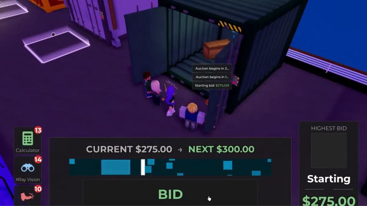 Minijogo de licitação para um contêiner (imagem via Roblox)